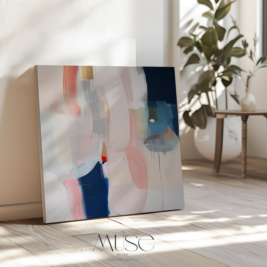 Large abstract wall art canvas and giclée print featuring beige, blush, ivory, muted blue, and earthy tones. Designed in a muted neutral palette with warm minimalist charm, this artwork creates a serene yet refined statement for living rooms, bedrooms, or entryways. Square format blends soft contemporary style with timeless elegance. Available as a gallery-wrapped canvas or fine art giclée print for curated designer interiors.