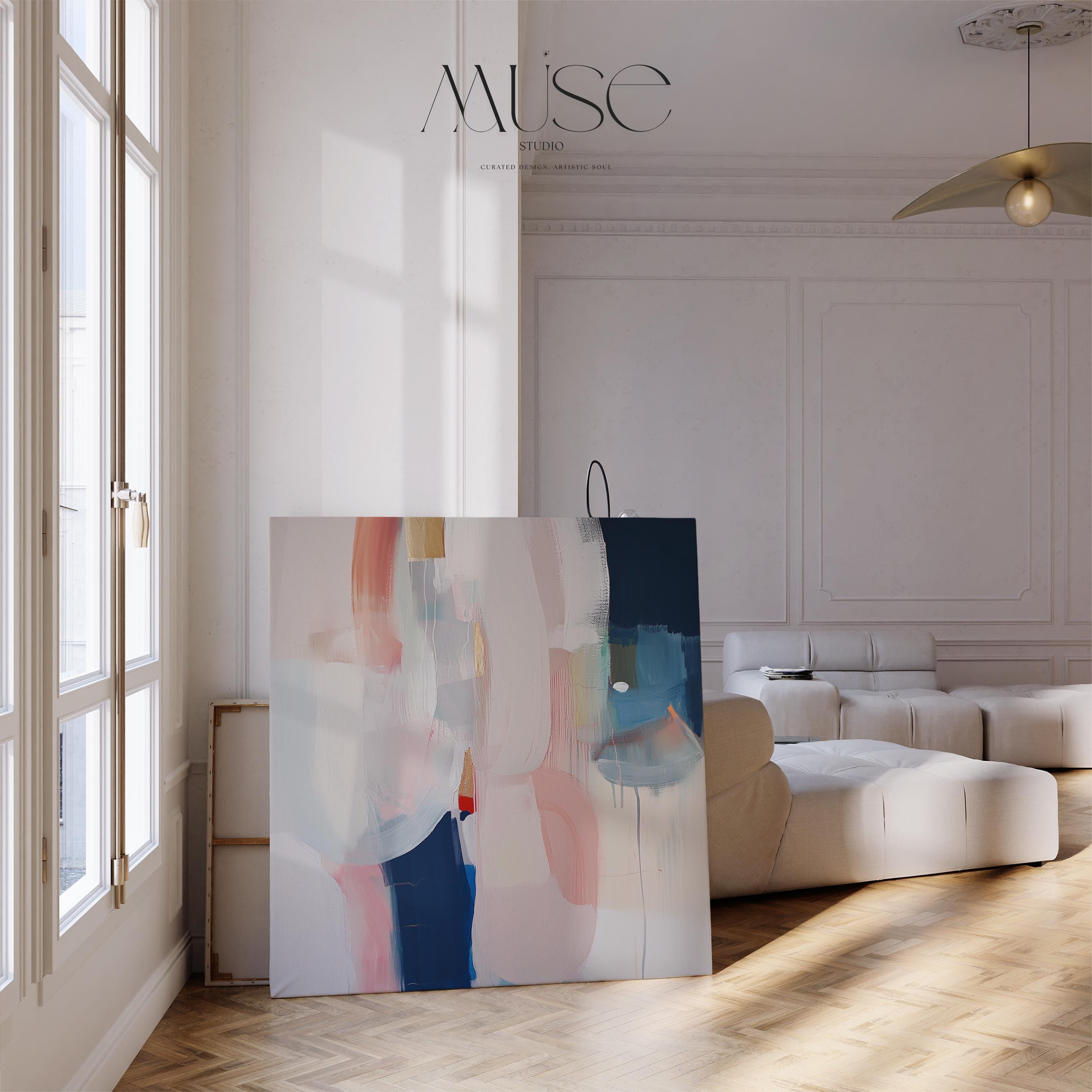 Large abstract wall art canvas and giclée print featuring beige, blush, ivory, muted blue, and earthy tones. Designed in a muted neutral palette with warm minimalist charm, this artwork creates a serene yet refined statement for living rooms, bedrooms, or entryways. Square format blends soft contemporary style with timeless elegance. Available as a gallery-wrapped canvas or fine art giclée print for curated designer interiors.