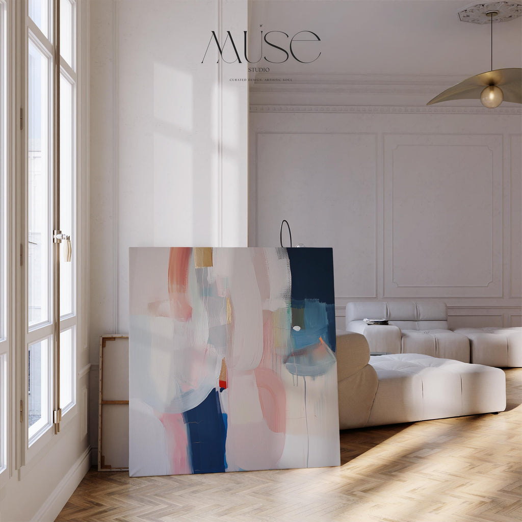 Large abstract wall art canvas and giclée print featuring beige, blush, ivory, muted blue, and earthy tones. Designed in a muted neutral palette with warm minimalist charm, this artwork creates a serene yet refined statement for living rooms, bedrooms, or entryways. Square format blends soft contemporary style with timeless elegance. Available as a gallery-wrapped canvas or fine art giclée print for curated designer interiors.