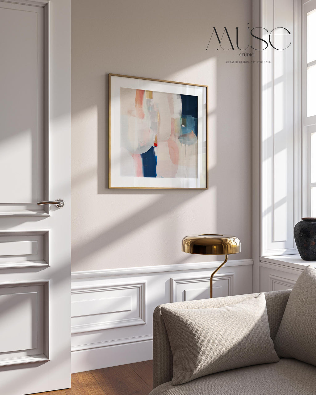 Large abstract wall art canvas and giclée print featuring beige, blush, ivory, muted blue, and earthy tones. Designed in a muted neutral palette with warm minimalist charm, this artwork creates a serene yet refined statement for living rooms, bedrooms, or entryways. Square format blends soft contemporary style with timeless elegance. Available as a gallery-wrapped canvas or fine art giclée print for curated designer interiors.