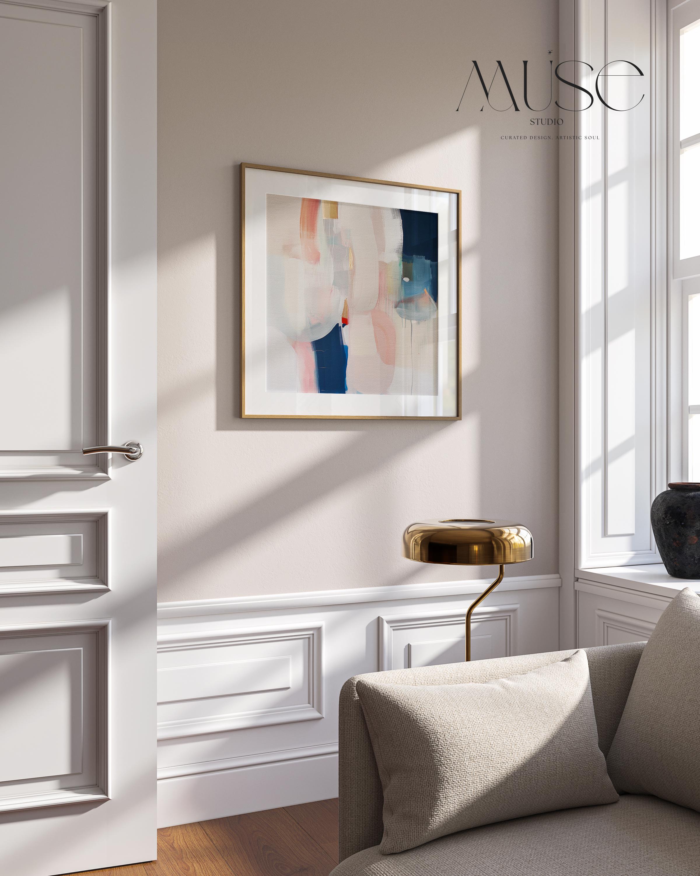 Large abstract wall art canvas and giclée print featuring beige, blush, ivory, muted blue, and earthy tones. Designed in a muted neutral palette with warm minimalist charm, this artwork creates a serene yet refined statement for living rooms, bedrooms, or entryways. Square format blends soft contemporary style with timeless elegance. Available as a gallery-wrapped canvas or fine art giclée print for curated designer interiors.