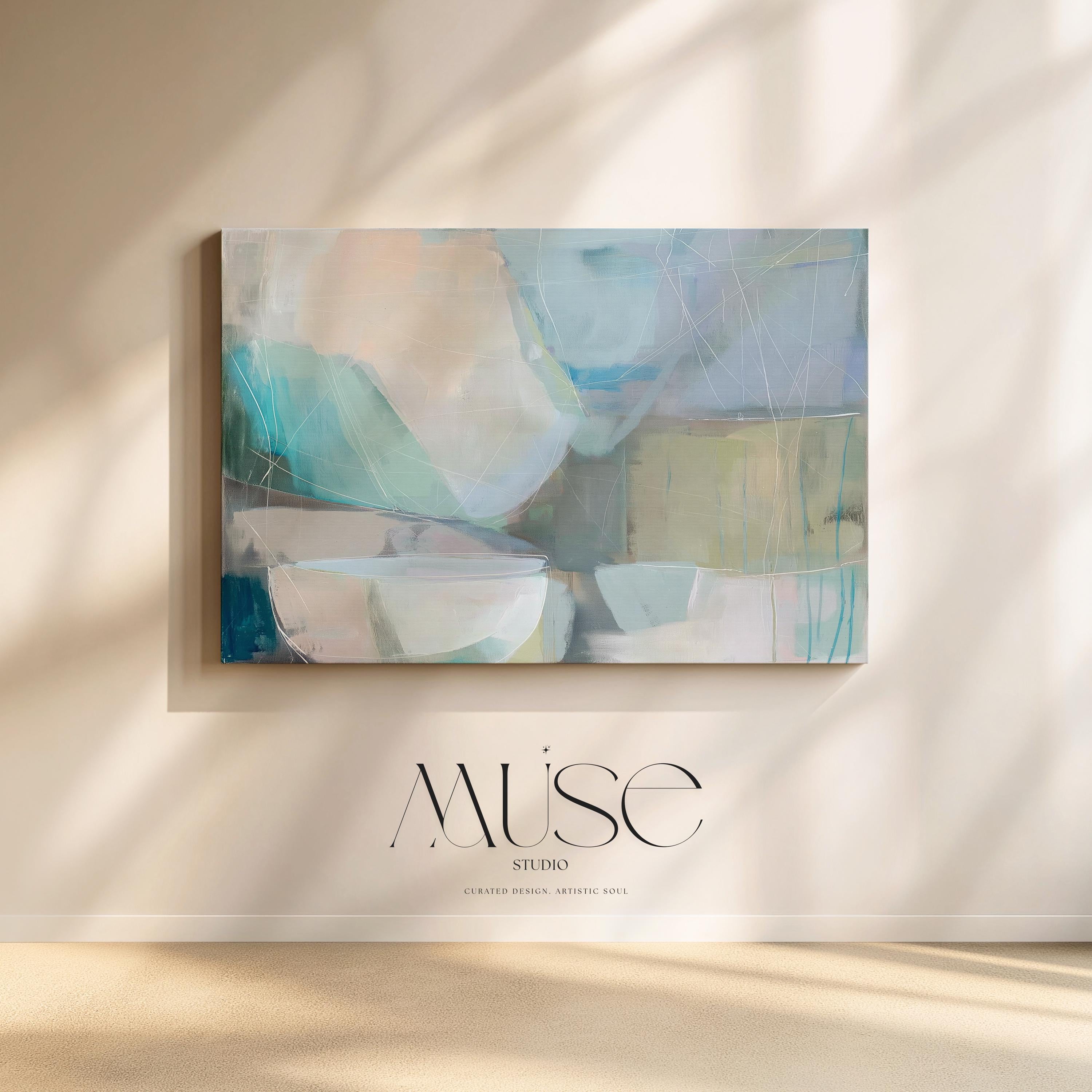 Horizontal abstract wall art in soft blue, aqua, and muted neutral tones displayed on a sunlit wall. Large modern canvas painting with pastel contemporary brushwork, ideal for living room, bedroom, or designer interior spaces. Available as a large canvas wall art print by Muse Studio.