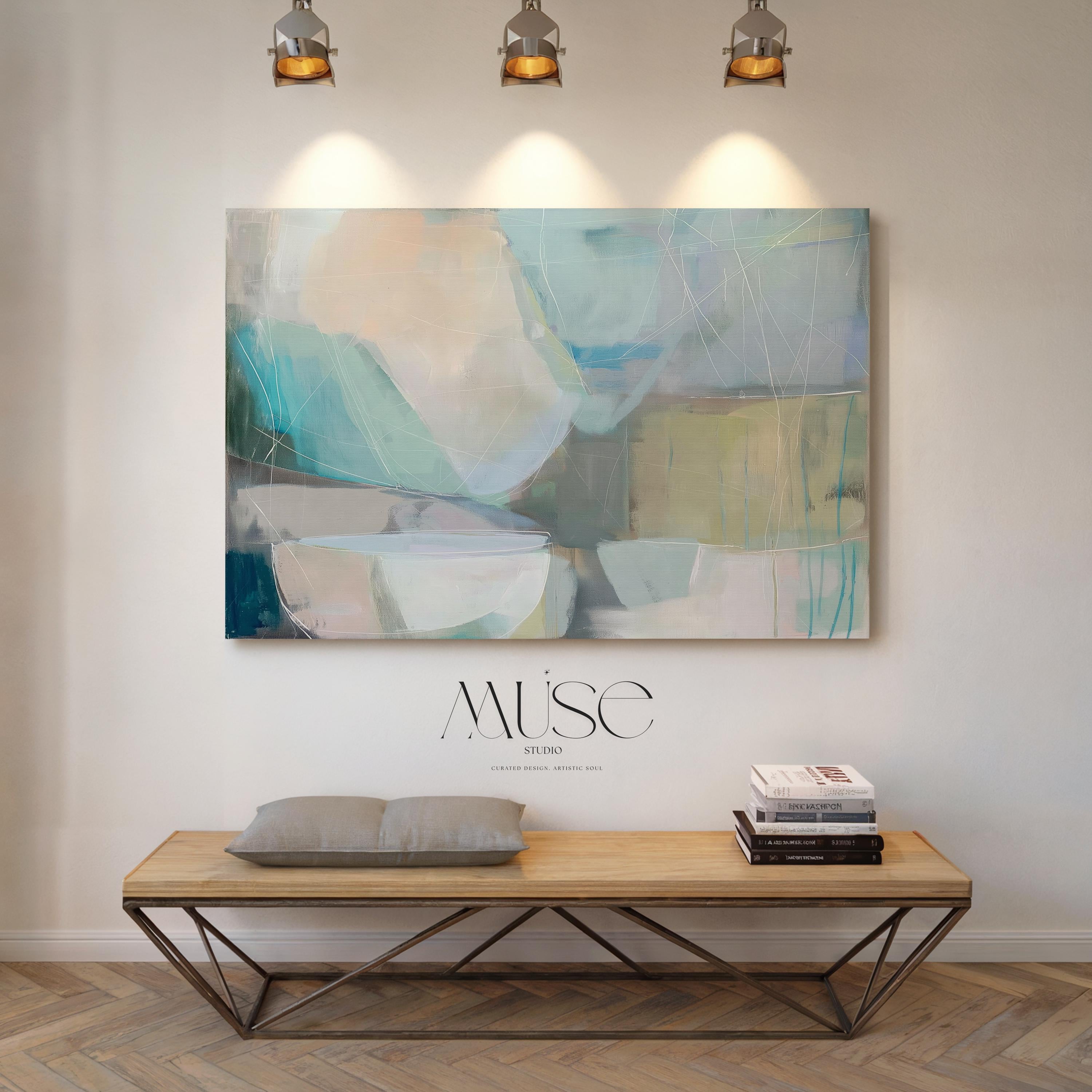 Horizontal abstract wall art in soft blue, aqua, and muted neutral tones displayed on a sunlit wall. Large modern canvas painting with pastel contemporary brushwork, ideal for living room, bedroom, or designer interior spaces. Available as a large canvas wall art print by Muse Studio.