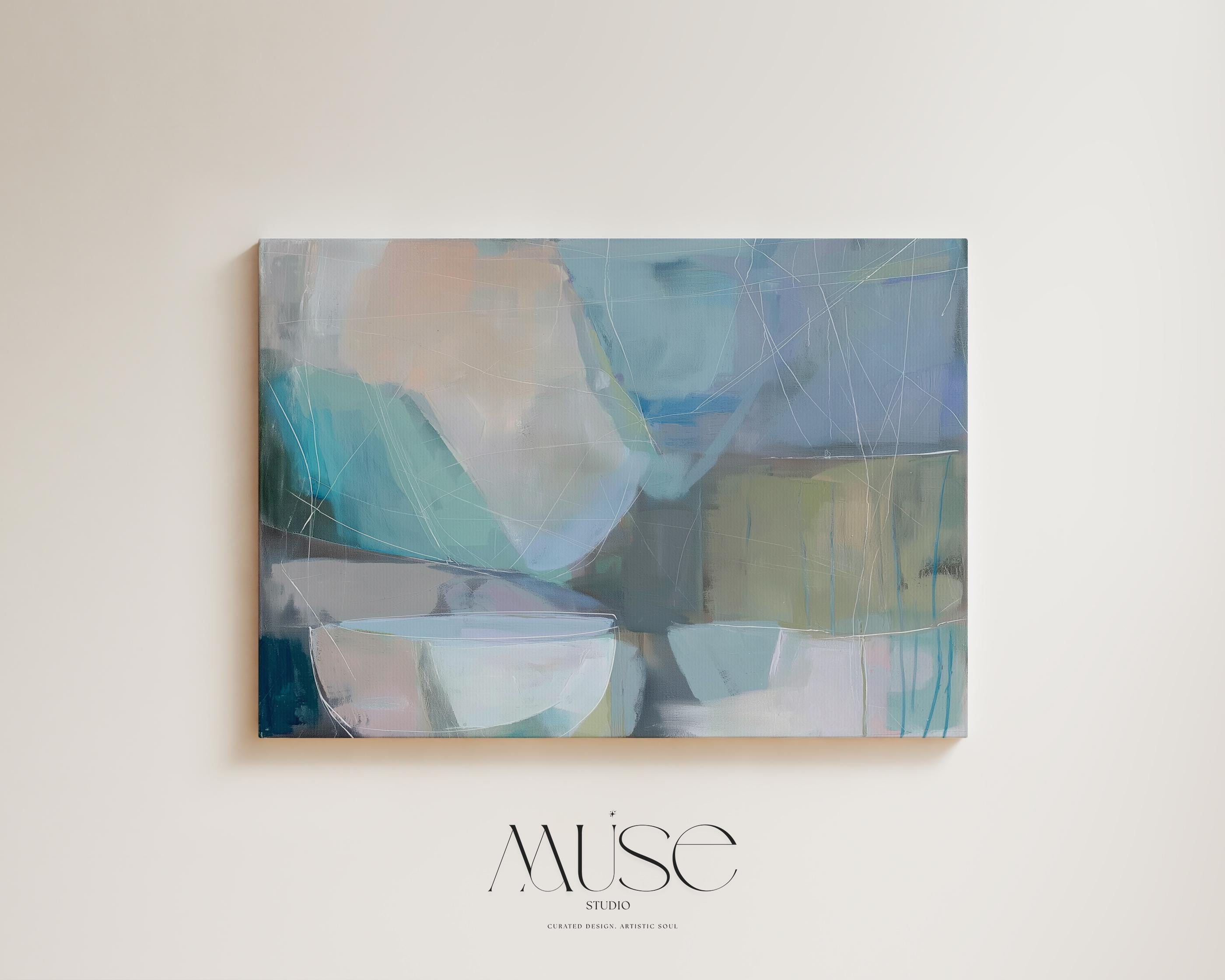 Horizontal abstract wall art in soft blue, aqua, and muted neutral tones displayed on a sunlit wall. Large modern canvas painting with pastel contemporary brushwork, ideal for living room, bedroom, or designer interior spaces. Available as a large canvas wall art print by Muse Studio.