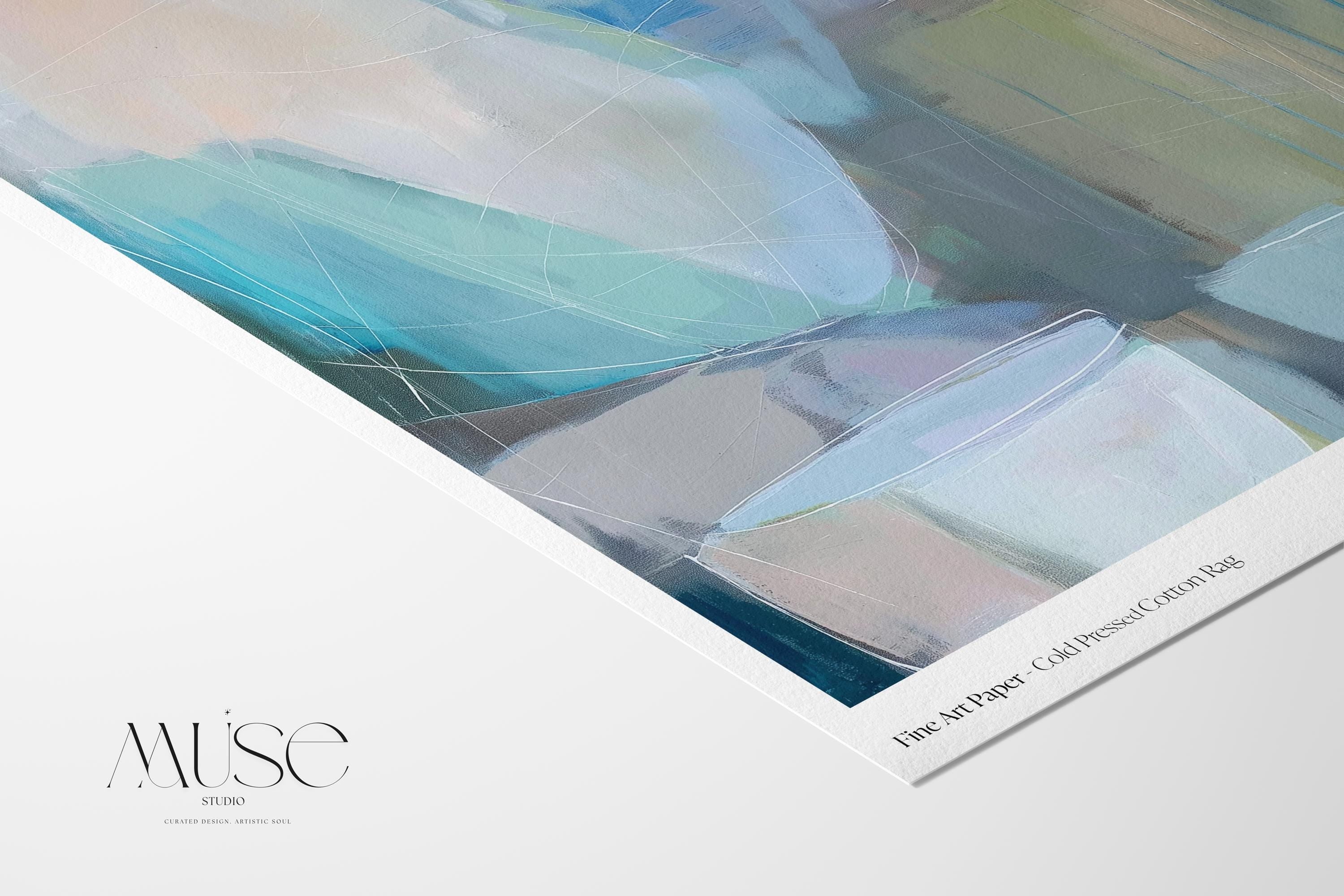 Horizontal abstract wall art in soft blue, aqua, and muted neutral tones displayed on a sunlit wall. Large modern canvas painting with pastel contemporary brushwork, ideal for living room, bedroom, or designer interior spaces. Available as a large canvas wall art print by Muse Studio.