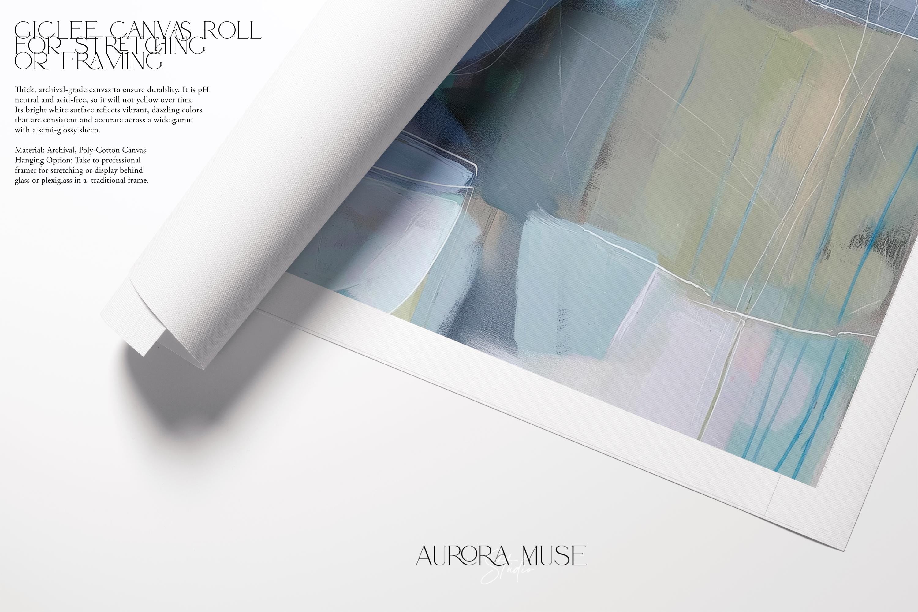 Horizontal abstract wall art in soft blue, aqua, and muted neutral tones displayed on a sunlit wall. Large modern canvas painting with pastel contemporary brushwork, ideal for living room, bedroom, or designer interior spaces. Available as a large canvas wall art print by Muse Studio.
