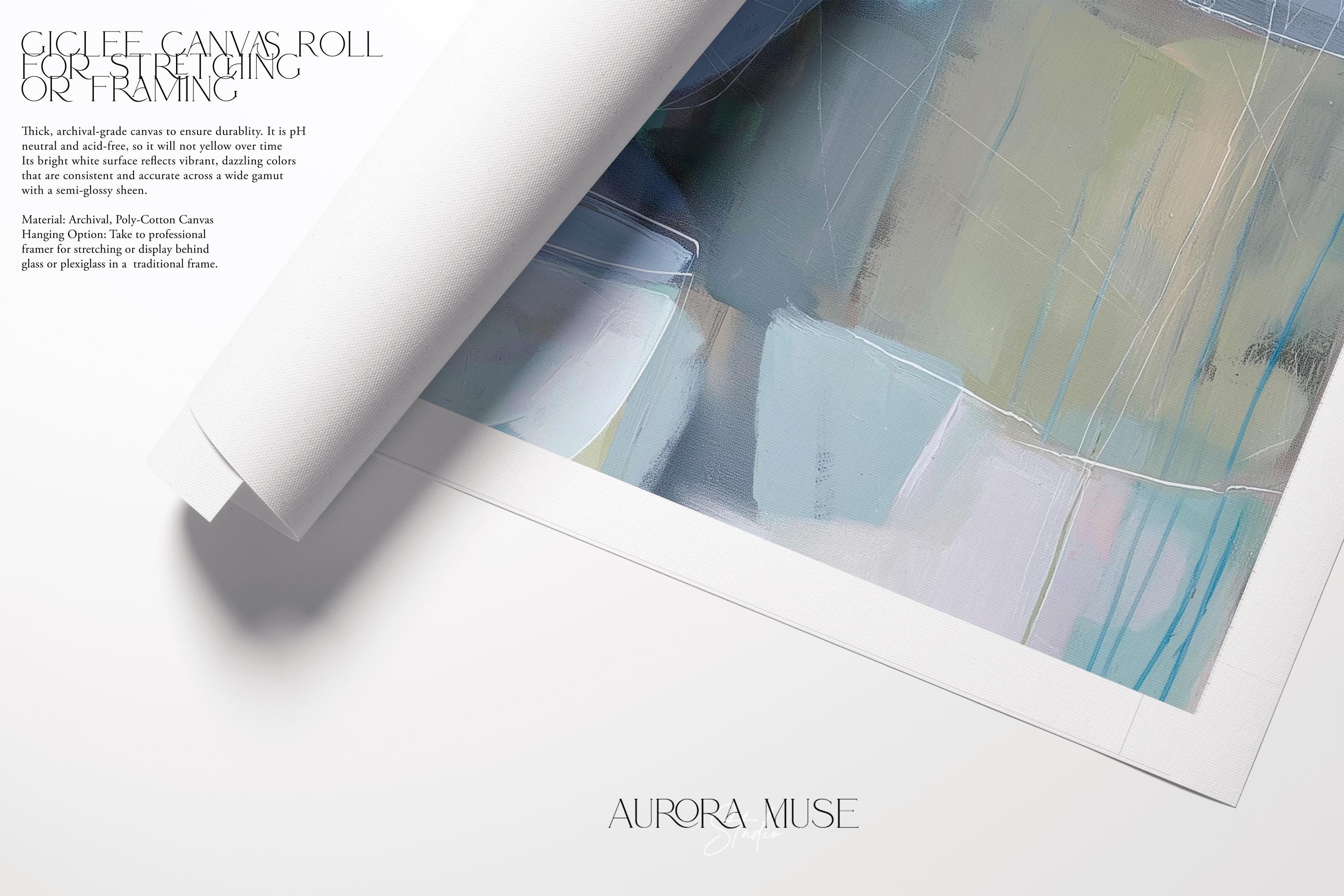 Horizontal abstract wall art in soft blue, aqua, and muted neutral tones displayed on a sunlit wall. Large modern canvas painting with pastel contemporary brushwork, ideal for living room, bedroom, or designer interior spaces. Available as a large canvas wall art print by Muse Studio.