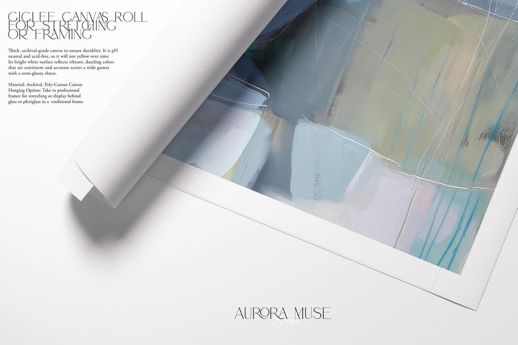 Horizontal abstract wall art in soft blue, aqua, and muted neutral tones displayed on a sunlit wall. Large modern canvas painting with pastel contemporary brushwork, ideal for living room, bedroom, or designer interior spaces. Available as a large canvas wall art print by Muse Studio.