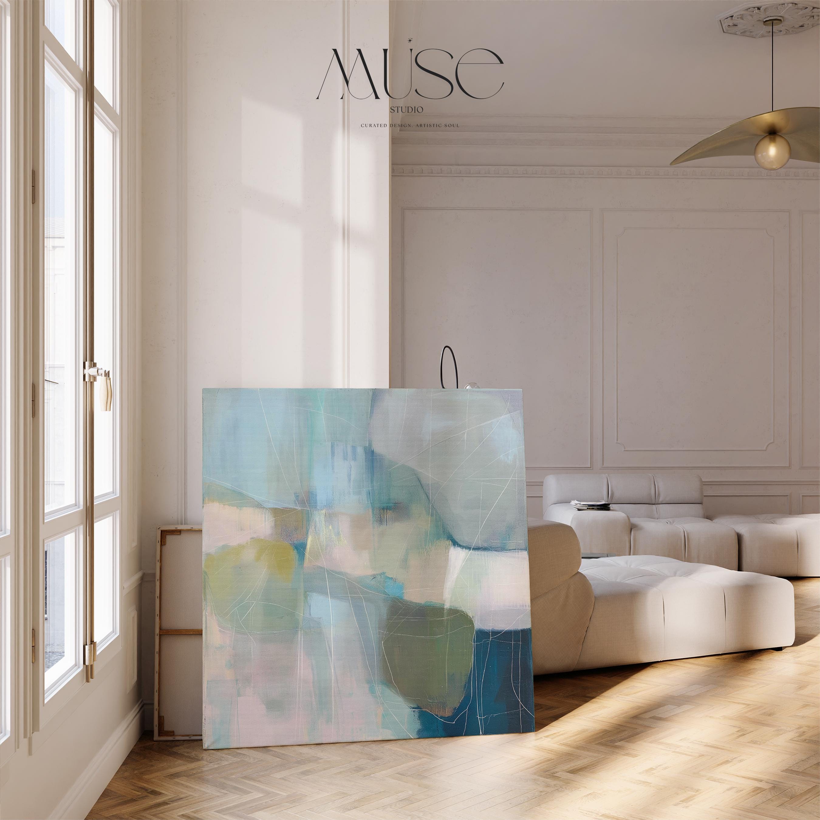 Square coastal abstract wall art in blue, coral, and ivory tones with soft coastal styling; ideal for living room, beach house, or bedroom decor. Available as a limited-edition canvas by Muse Studio.