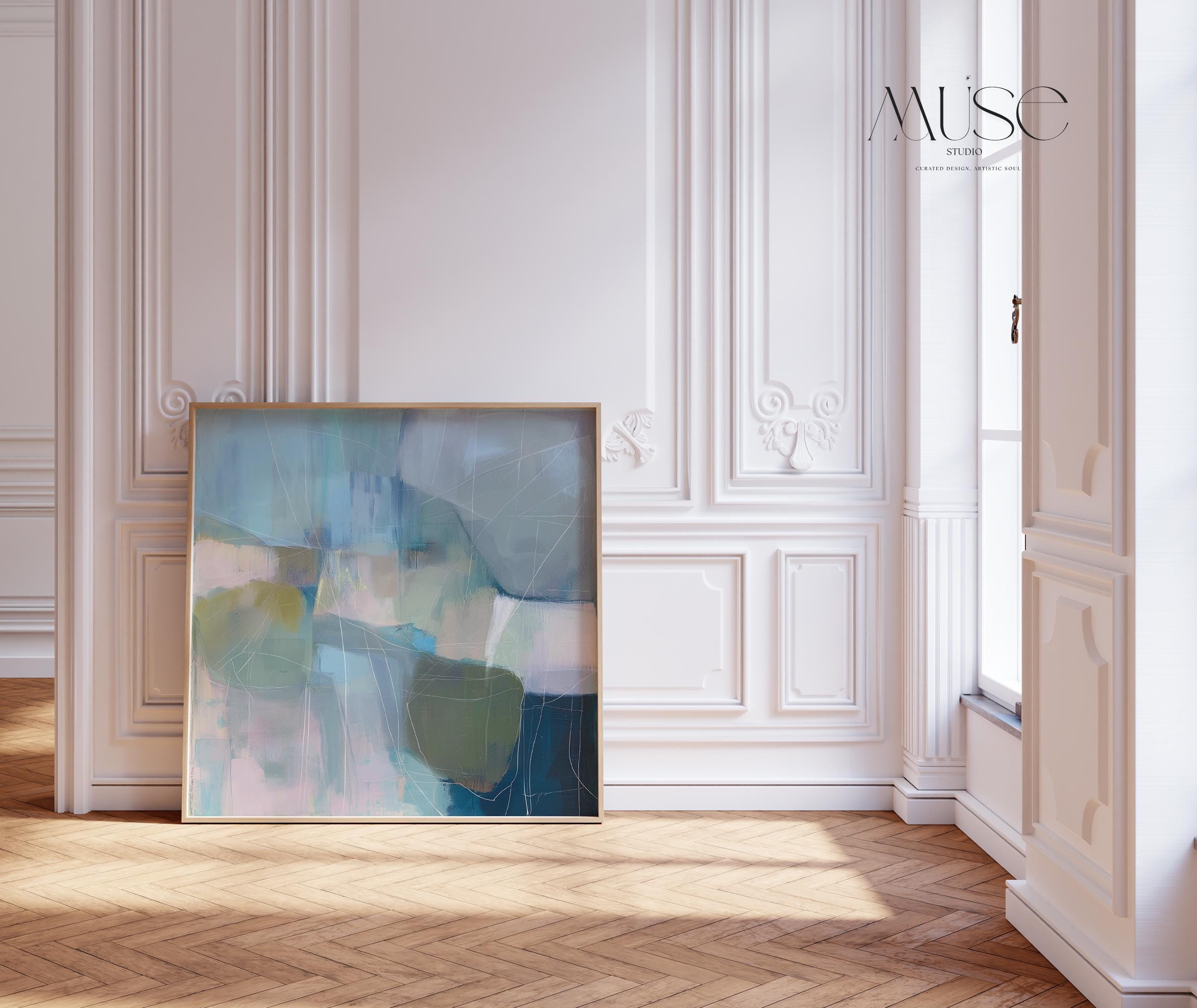 Square coastal abstract wall art in blue, coral, and ivory tones with soft coastal styling; ideal for living room, beach house, or bedroom decor. Available as a limited-edition canvas by Muse Studio.