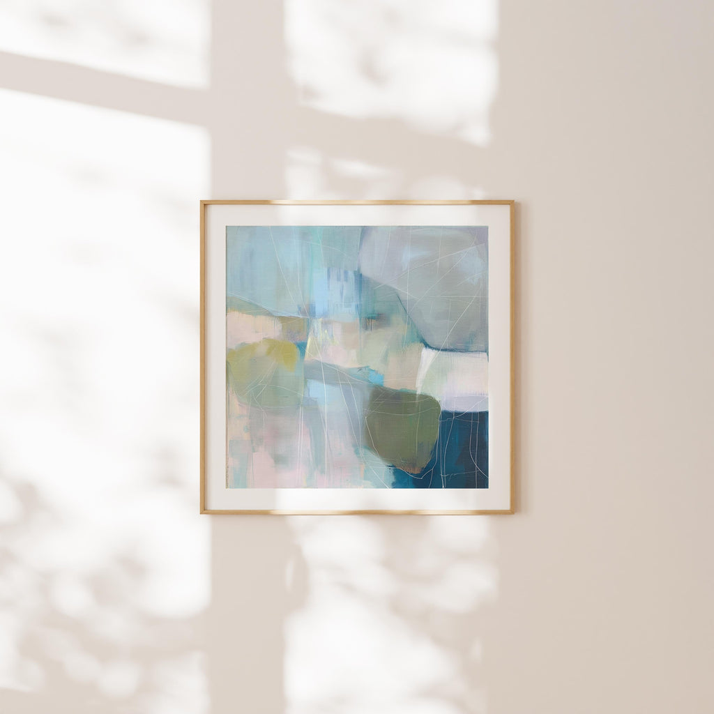 Square coastal abstract wall art in blue, coral, and ivory tones with soft coastal styling; ideal for living room, beach house, or bedroom decor. Available as a limited-edition canvas by Muse Studio.