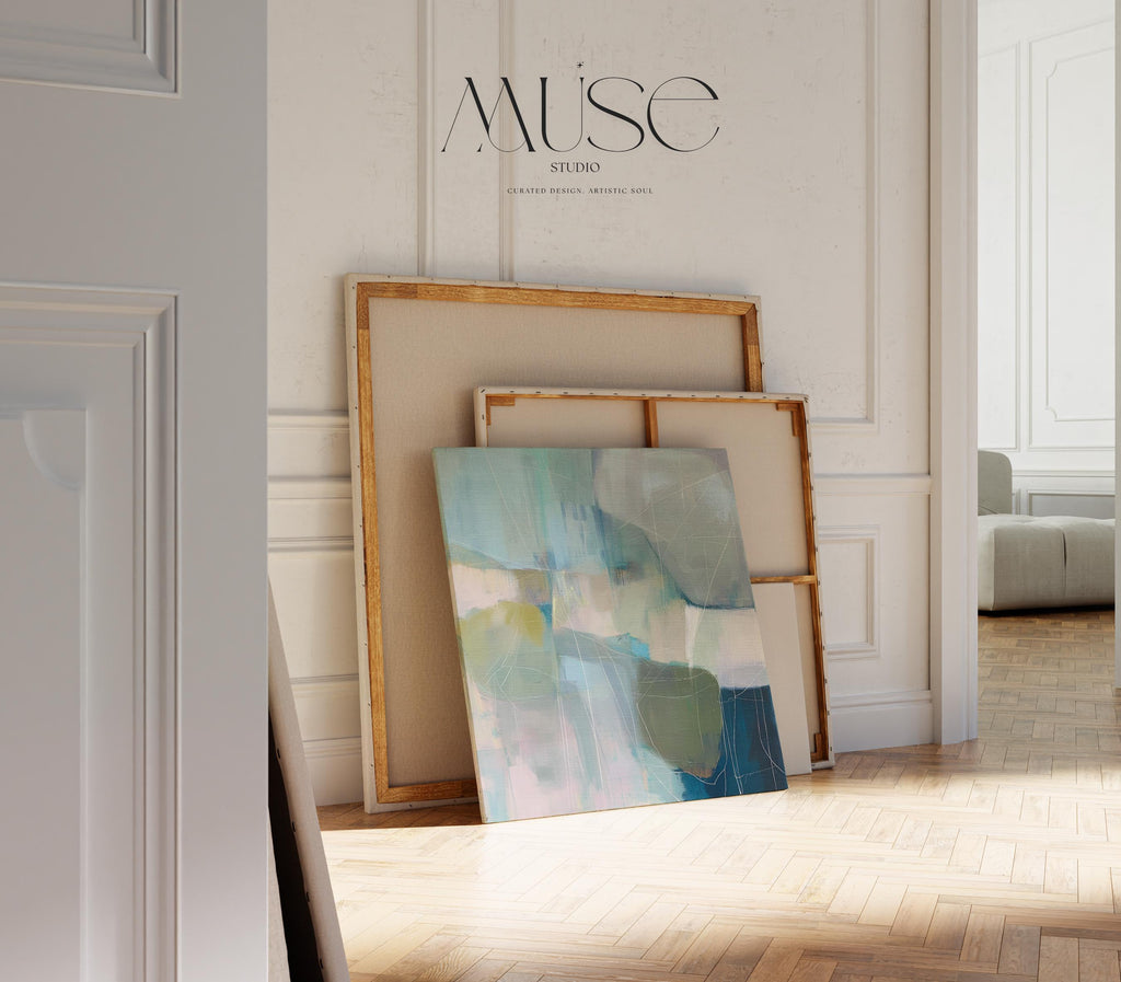 Square coastal abstract wall art in blue, coral, and ivory tones with soft coastal styling; ideal for living room, beach house, or bedroom decor. Available as a limited-edition canvas by Muse Studio.