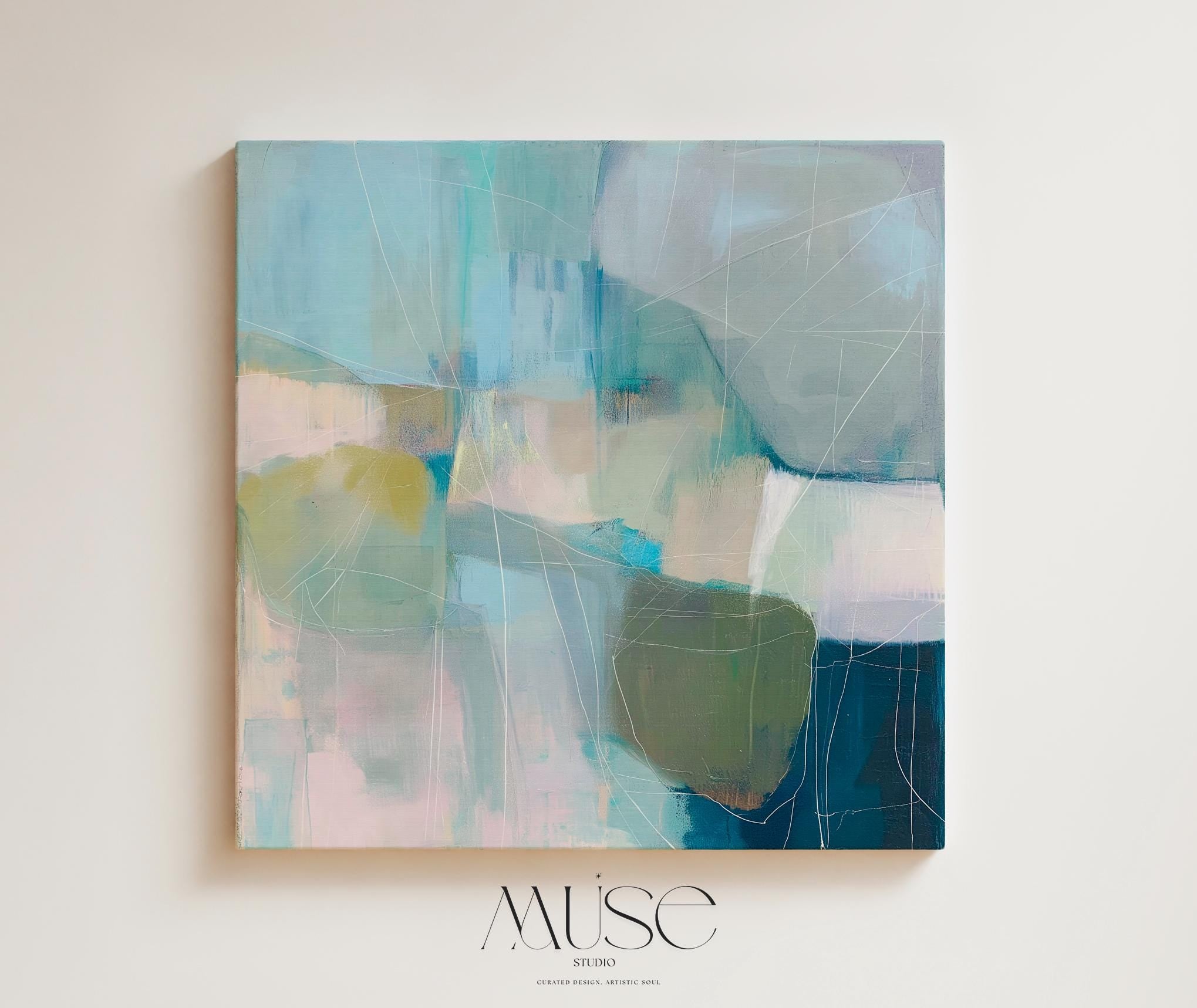Square coastal abstract wall art in blue, coral, and ivory tones with soft coastal styling; ideal for living room, beach house, or bedroom decor. Available as a limited-edition canvas by Muse Studio.