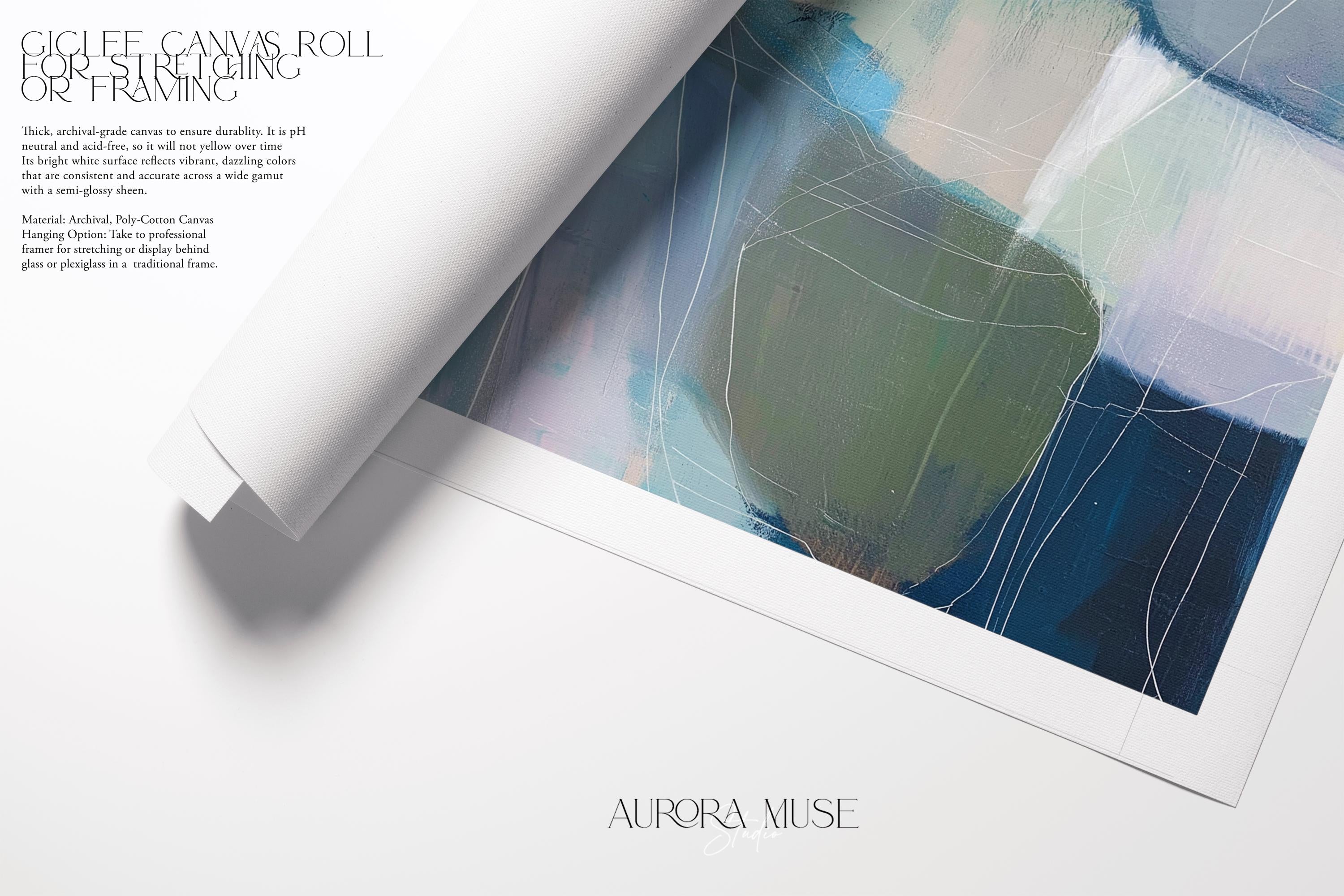 Square coastal abstract wall art in blue, coral, and ivory tones with soft coastal styling; ideal for living room, beach house, or bedroom decor. Available as a limited-edition canvas by Muse Studio.