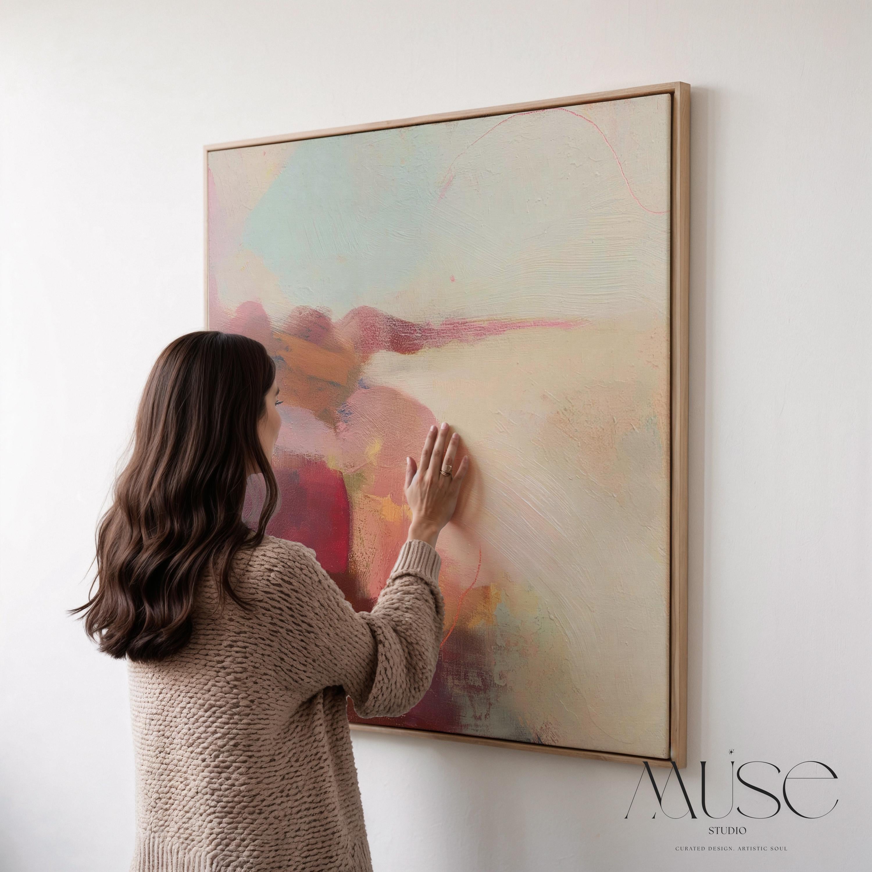 Large square abstract wall art in blush, burgundy, peach, and soft teal tones displayed above a modern black credenza with an Eames lounge chair in a light, elegant room. Warm contemporary abstract canvas for living room or designer interiors, available as framed wall art or canvas by Muse Studio.