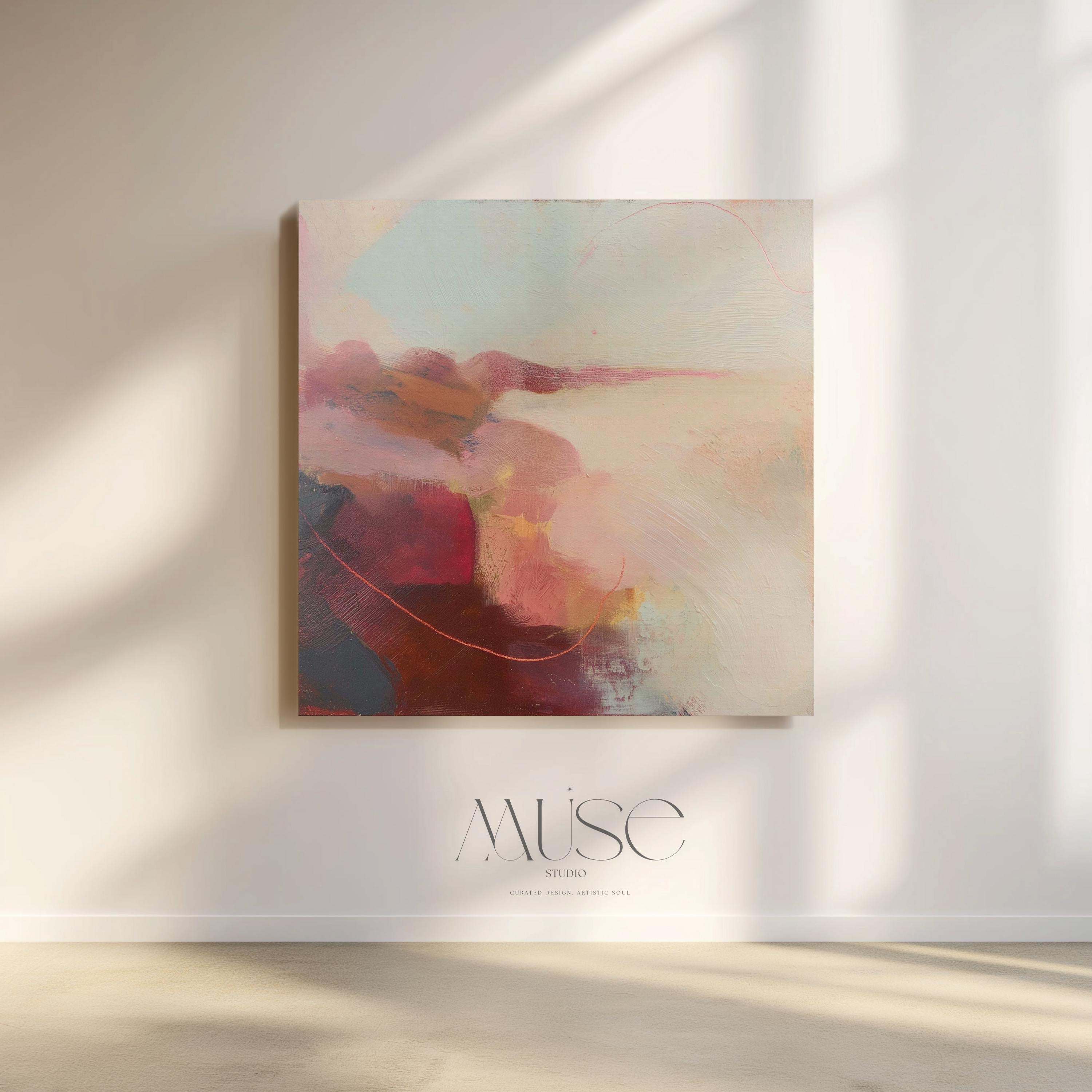 Square abstract canvas wall art featuring soft blush, terracotta, and cream tones with layered painterly textures and horizon-inspired flow. This warm minimal giclée print blends natural earth tones with serene modern design, ideal for living rooms or transitional spaces. Available as gallery-wrapped canvas or floating frame canvas from Muse Studio.