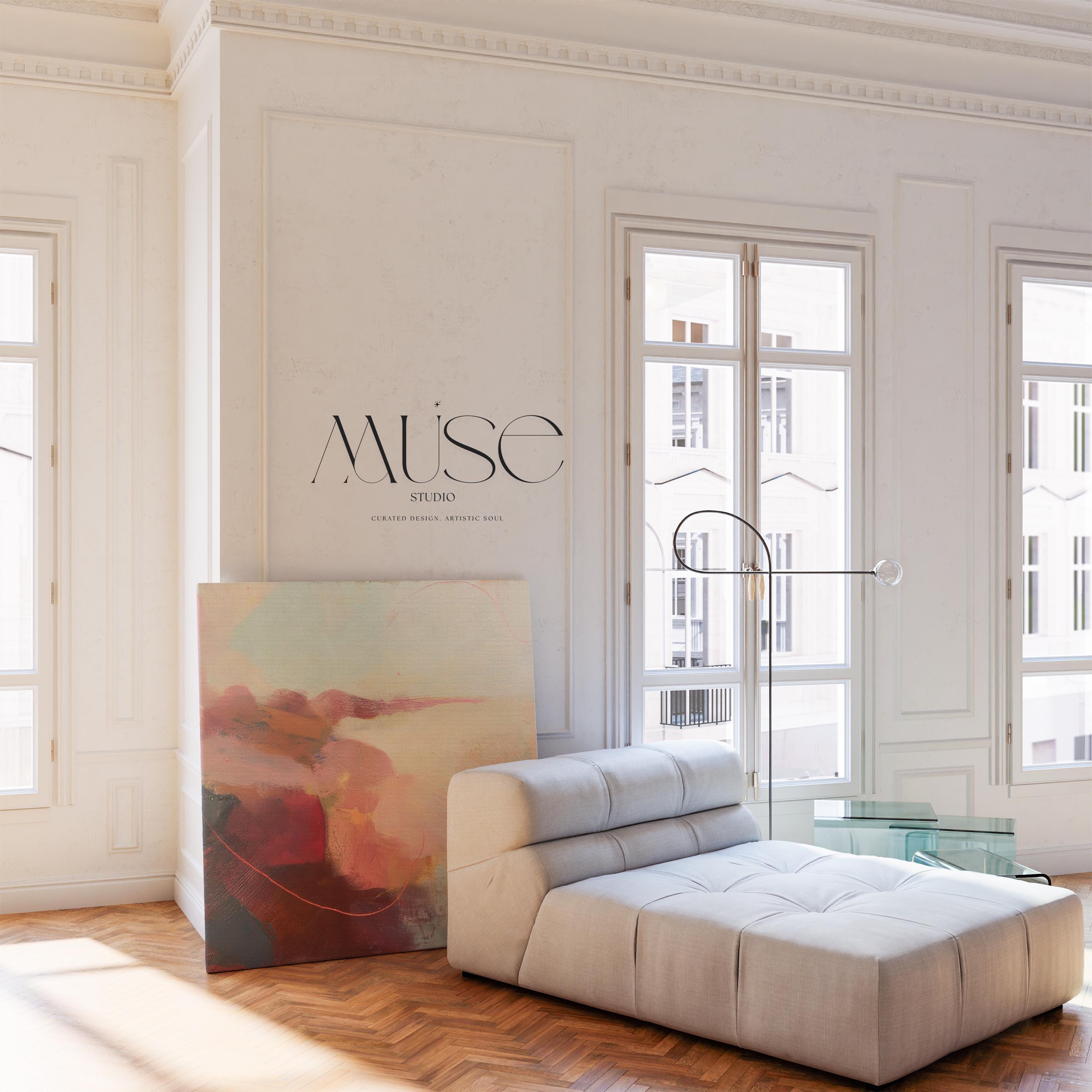 Square abstract canvas wall art featuring soft blush, terracotta, and cream tones with layered painterly textures and horizon-inspired flow. This warm minimal giclée print blends natural earth tones with serene modern design, ideal for living rooms or transitional spaces. Available as gallery-wrapped canvas or floating frame canvas from Muse Studio.
