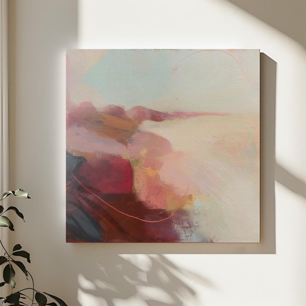 Square abstract canvas wall art featuring soft blush, terracotta, and cream tones with layered painterly textures and horizon-inspired flow. This warm minimal giclée print blends natural earth tones with serene modern design, ideal for living rooms or transitional spaces. Available as gallery-wrapped canvas or floating frame canvas from Muse Studio.