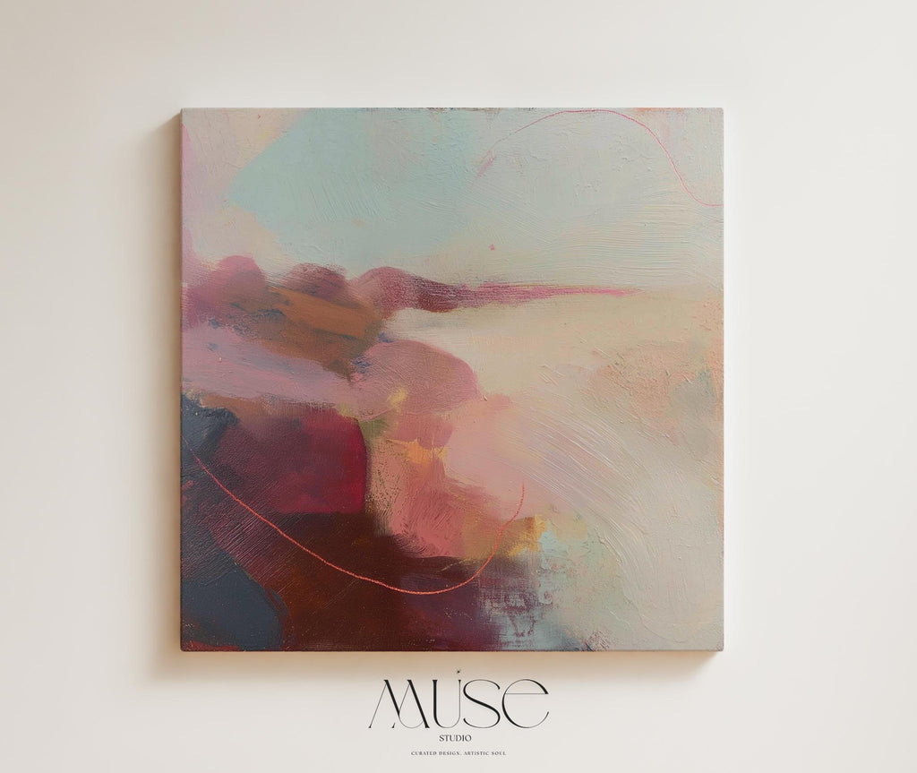 Square abstract canvas wall art featuring soft blush, terracotta, and cream tones with layered painterly textures and horizon-inspired flow. This warm minimal giclée print blends natural earth tones with serene modern design, ideal for living rooms or transitional spaces. Available as gallery-wrapped canvas or floating frame canvas from Muse Studio.
