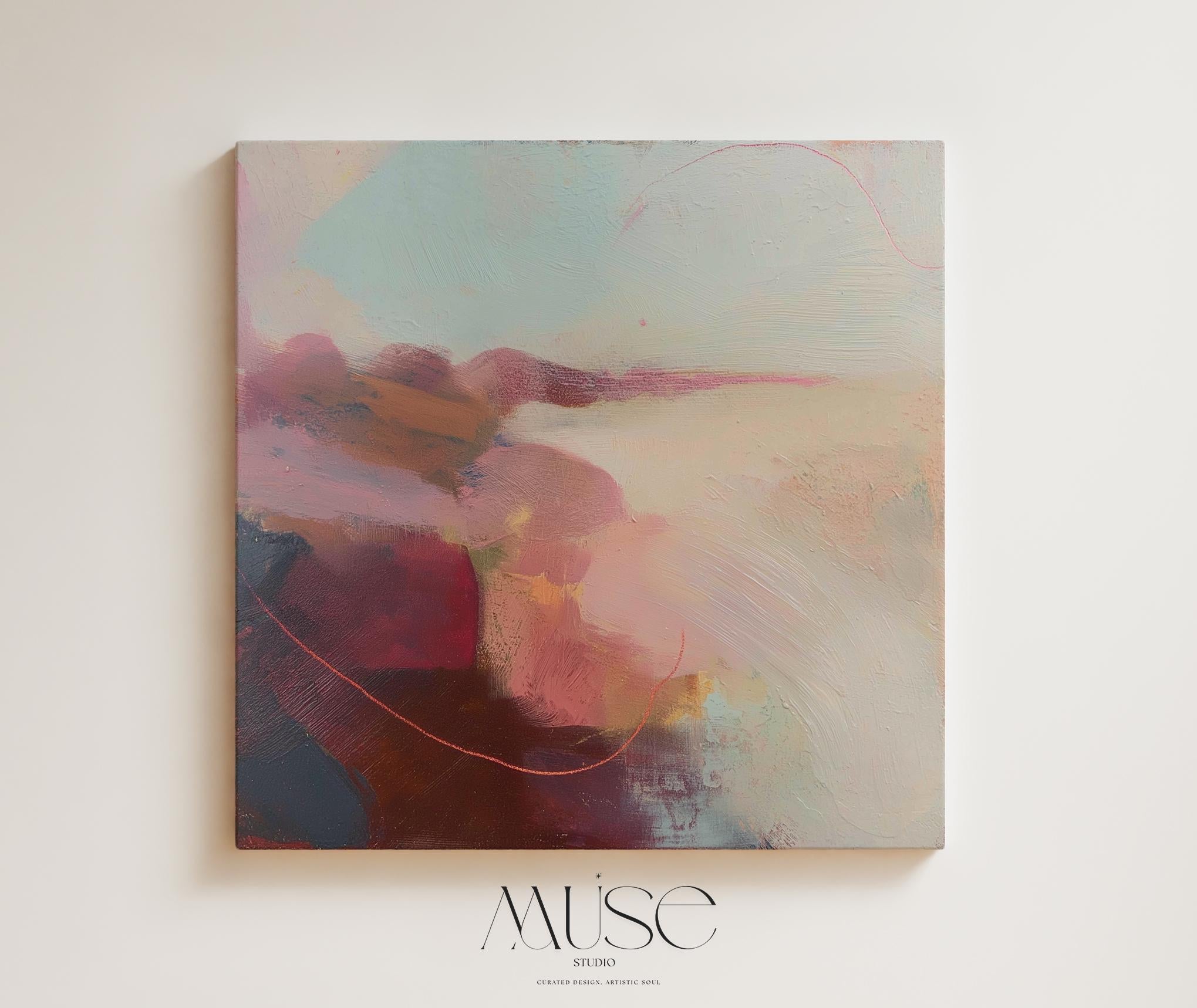 Square abstract canvas wall art featuring soft blush, terracotta, and cream tones with layered painterly textures and horizon-inspired flow. This warm minimal giclée print blends natural earth tones with serene modern design, ideal for living rooms or transitional spaces. Available as gallery-wrapped canvas or floating frame canvas from Muse Studio.