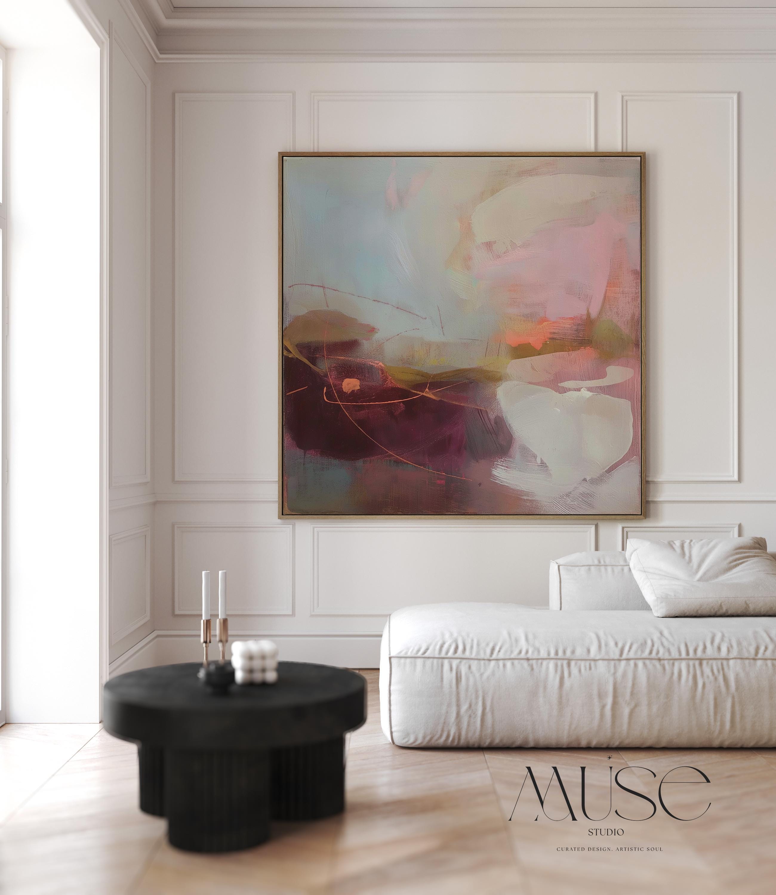 Square framed canvas wall art featuring plum, blush, and warm sand tones with expressive abstract strokes and fluid linework. Inspired by nature and styled for warm minimal interiors, this piece is perfect for dining rooms, entryways, or serene contemporary spaces. Fine art giclée by Muse Studio, available as a floating framed canvas or unframed option.