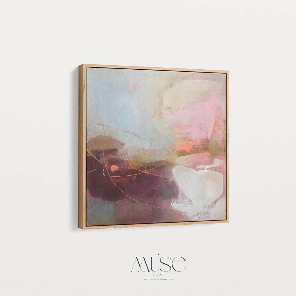 Square framed canvas wall art featuring plum, blush, and warm sand tones with expressive abstract strokes and fluid linework. Inspired by nature and styled for warm minimal interiors, this piece is perfect for dining rooms, entryways, or serene contemporary spaces. Fine art giclée by Muse Studio, available as a floating framed canvas or unframed option.
