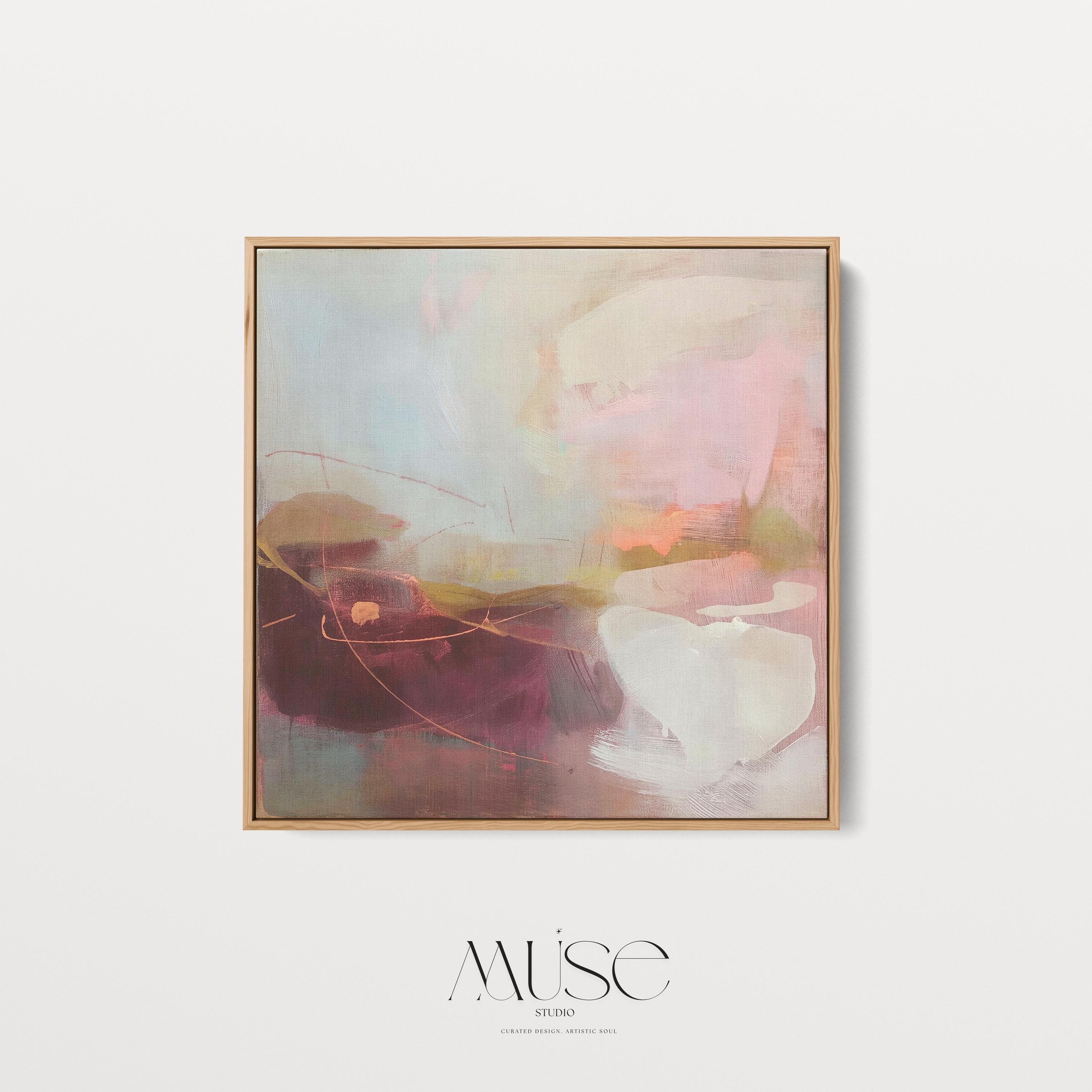 Square framed canvas wall art featuring plum, blush, and warm sand tones with expressive abstract strokes and fluid linework. Inspired by nature and styled for warm minimal interiors, this piece is perfect for dining rooms, entryways, or serene contemporary spaces. Fine art giclée by Muse Studio, available as a floating framed canvas or unframed option.