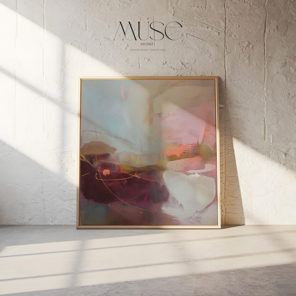 Square framed canvas wall art featuring plum, blush, and warm sand tones with expressive abstract strokes and fluid linework. Inspired by nature and styled for warm minimal interiors, this piece is perfect for dining rooms, entryways, or serene contemporary spaces. Fine art giclée by Muse Studio, available as a floating framed canvas or unframed option.