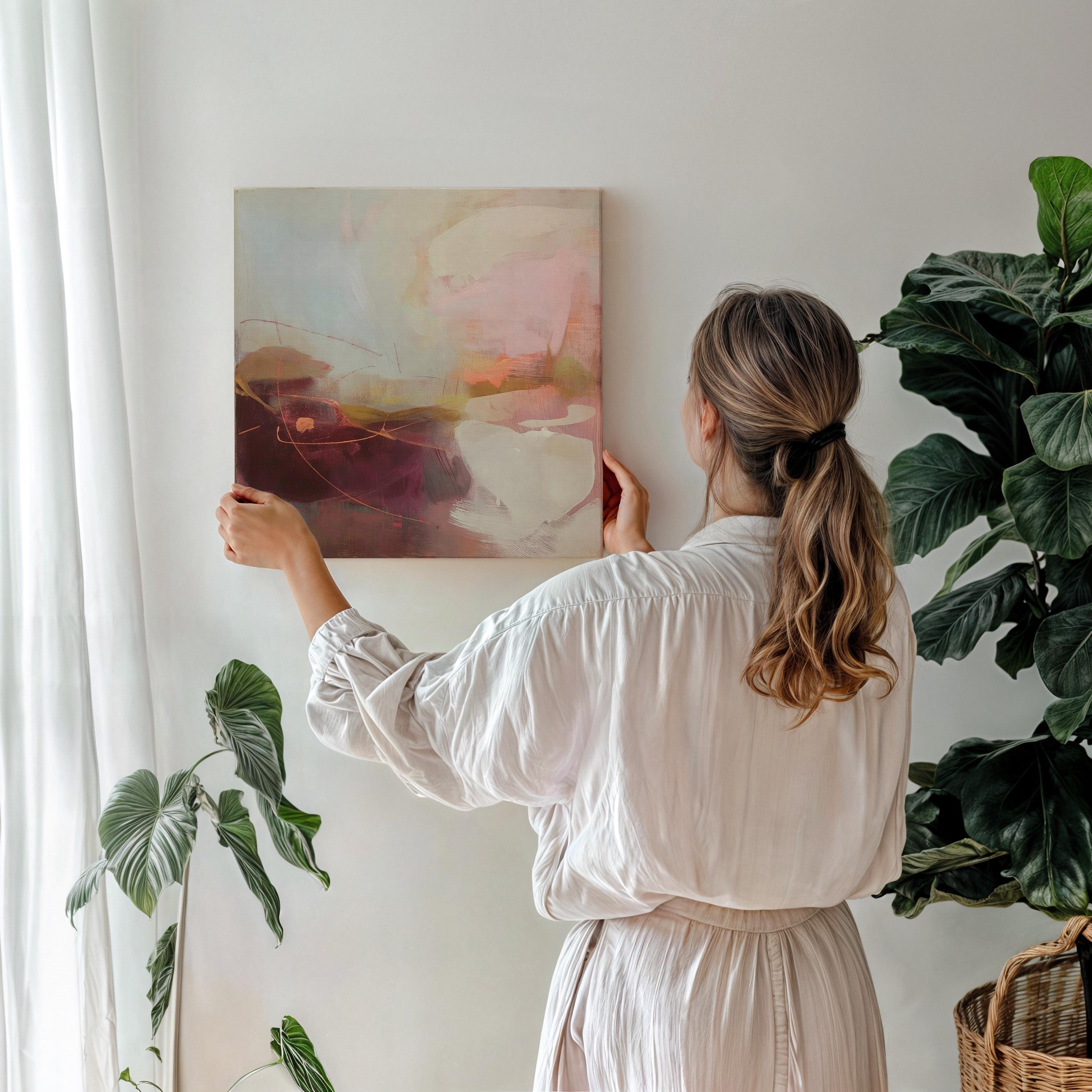 Square abstract canvas wall art featuring a blend of plum, blush pink, peach, and warm neutrals with soft textures and expressive linework. Styled in a nature-inspired and warm minimal aesthetic, this giclée canvas adds elegant calm to dining rooms, entryways, or serene modern interiors. Available as gallery-wrapped or framed canvas from Muse Studio.