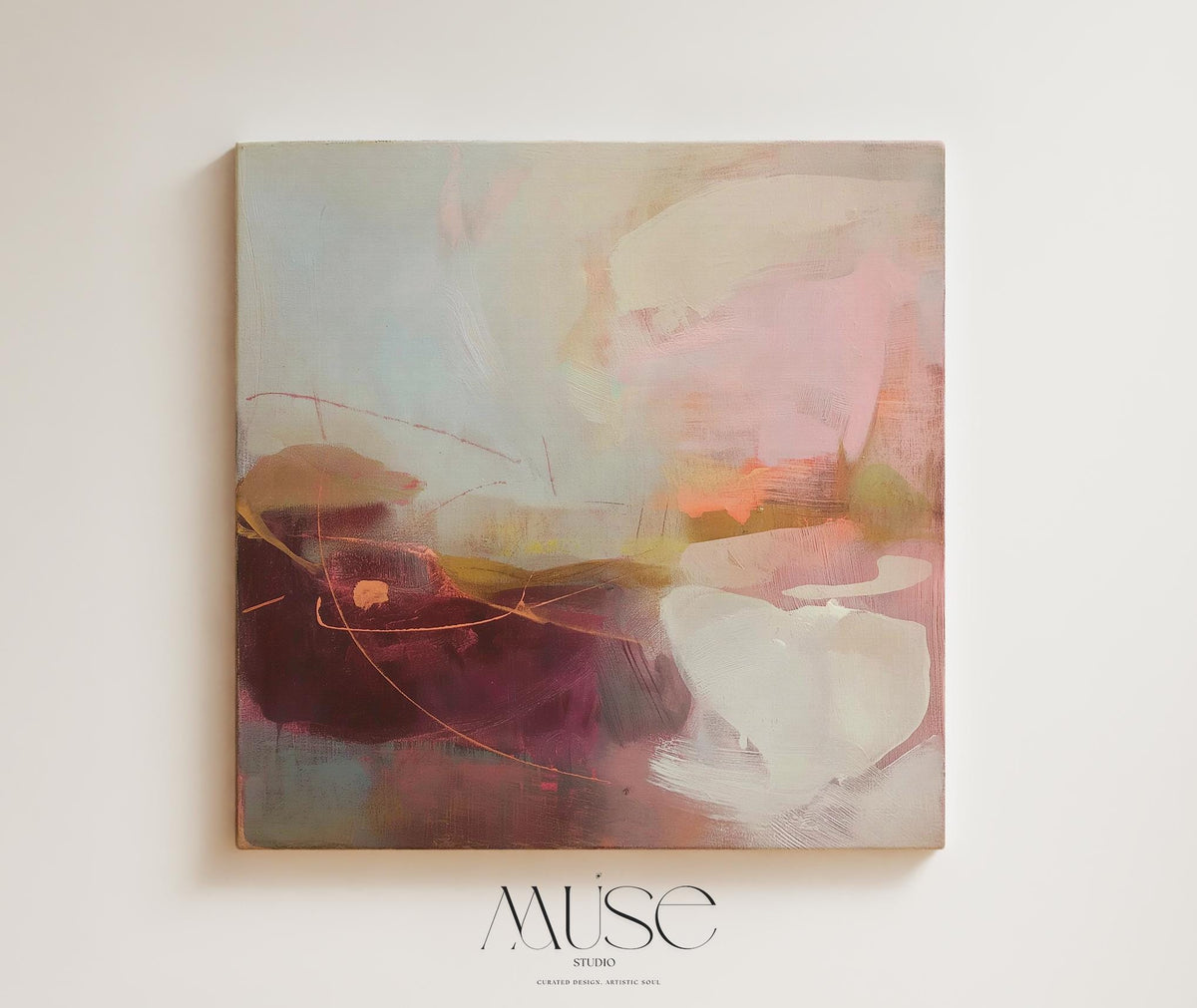 Square abstract canvas wall art featuring a blend of plum, blush pink, peach, and warm neutrals with soft textures and expressive linework. Styled in a nature-inspired and warm minimal aesthetic, this giclée canvas adds elegant calm to dining rooms, entryways, or serene modern interiors. Available as gallery-wrapped or framed canvas from Muse Studio.