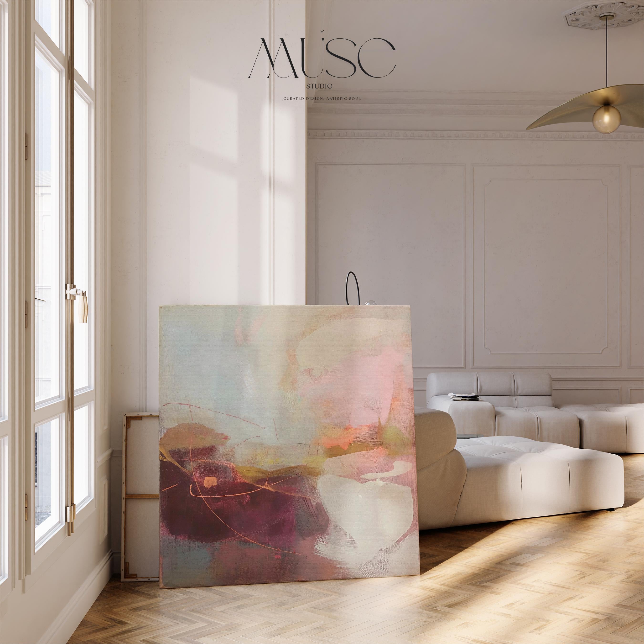 Square abstract canvas wall art featuring a blend of plum, blush pink, peach, and warm neutrals with soft textures and expressive linework. Styled in a nature-inspired and warm minimal aesthetic, this giclée canvas adds elegant calm to dining rooms, entryways, or serene modern interiors. Available as gallery-wrapped or framed canvas from Muse Studio.