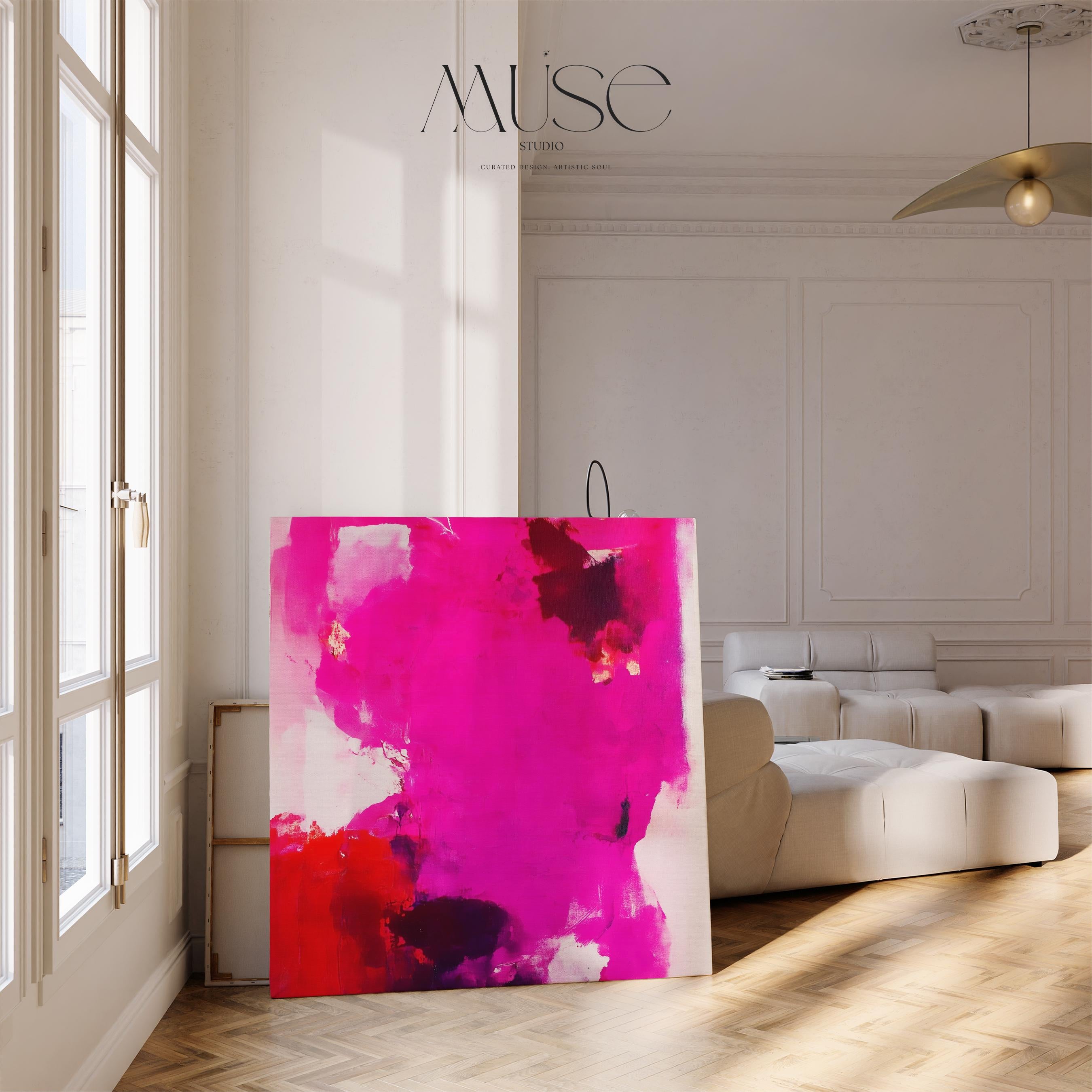 Square canvas wall art in bold magenta, crimson red, plum, and white with expressive abstract brushwork. Designed in an eclectic and retro glam style, this giclée print makes a bold statement in modern interiors, ideal for studios, entryways, or color-forward living spaces. Available as gallery-wrapped canvas or framed canvas from Muse Studio.