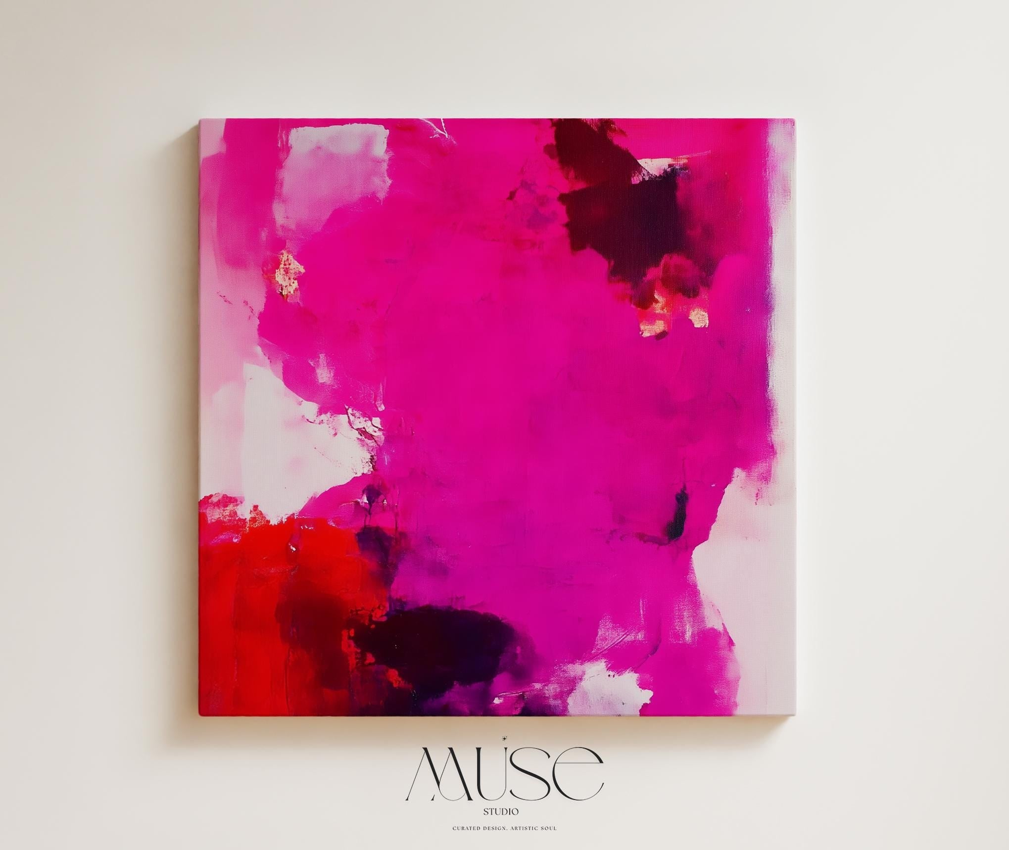 Square canvas wall art in bold magenta, crimson red, plum, and white with expressive abstract brushwork. Designed in an eclectic and retro glam style, this giclée print makes a bold statement in modern interiors, ideal for studios, entryways, or color-forward living spaces. Available as gallery-wrapped canvas or framed canvas from Muse Studio.