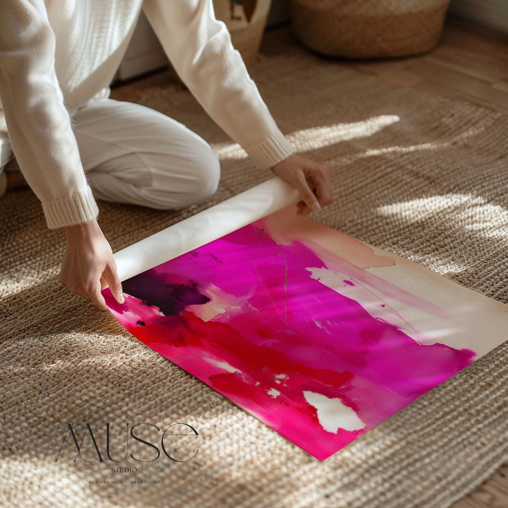 Vertical giclée art print featuring saturated magenta, fiery red, and rich plum hues with expressive, painterly movement and soft linen background. Designed for bold, editorial-style interiors, this color pop abstract offers a striking focal point for modern entryways, stairwells, or design-forward living rooms. Printed on archival fine art paper and available as a poster print, gallery-wrapped canvas, or floating frame from Muse Studio.