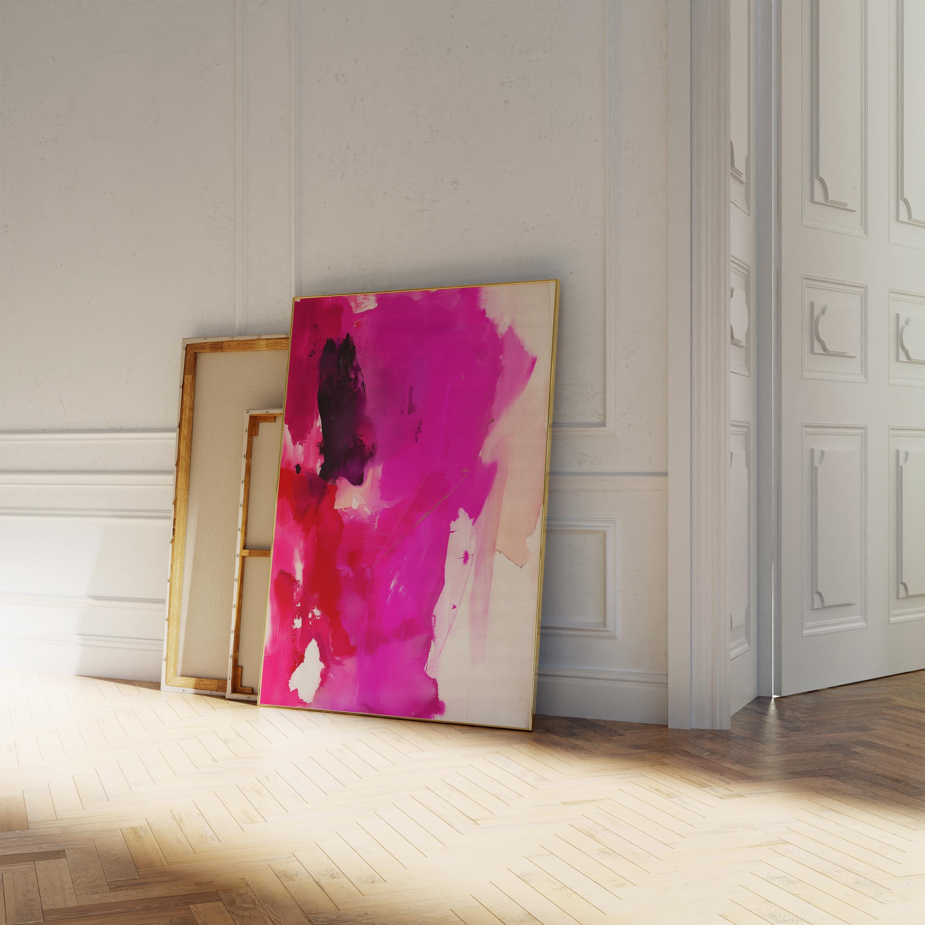Vertical giclée art print featuring saturated magenta, fiery red, and rich plum hues with expressive, painterly movement and soft linen background. Designed for bold, editorial-style interiors, this color pop abstract offers a striking focal point for modern entryways, stairwells, or design-forward living rooms. Printed on archival fine art paper and available as a poster print, gallery-wrapped canvas, or floating frame from Muse Studio.