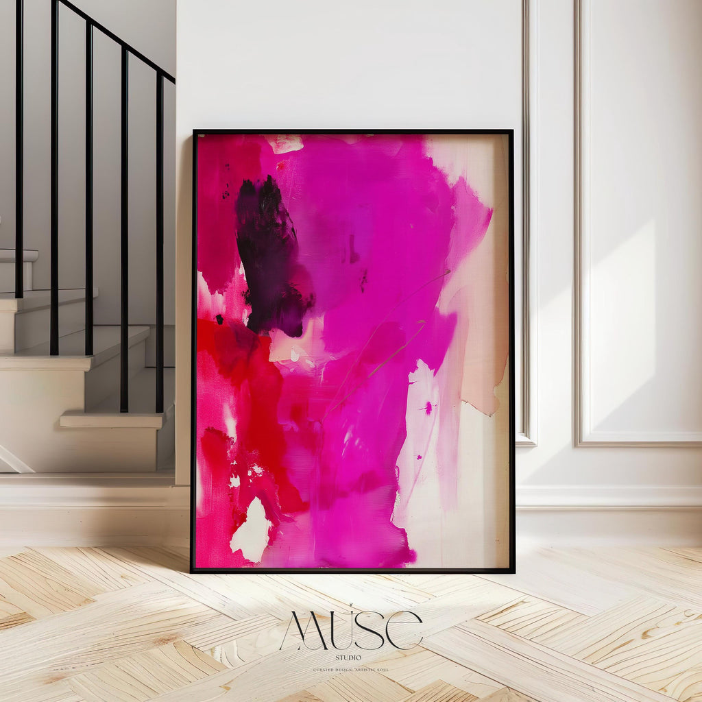 Vertical giclée art print featuring saturated magenta, fiery red, and rich plum hues with expressive, painterly movement and soft linen background. Designed for bold, editorial-style interiors, this color pop abstract offers a striking focal point for modern entryways, stairwells, or design-forward living rooms. Printed on archival fine art paper and available as a poster print, gallery-wrapped canvas, or floating frame from Muse Studio.