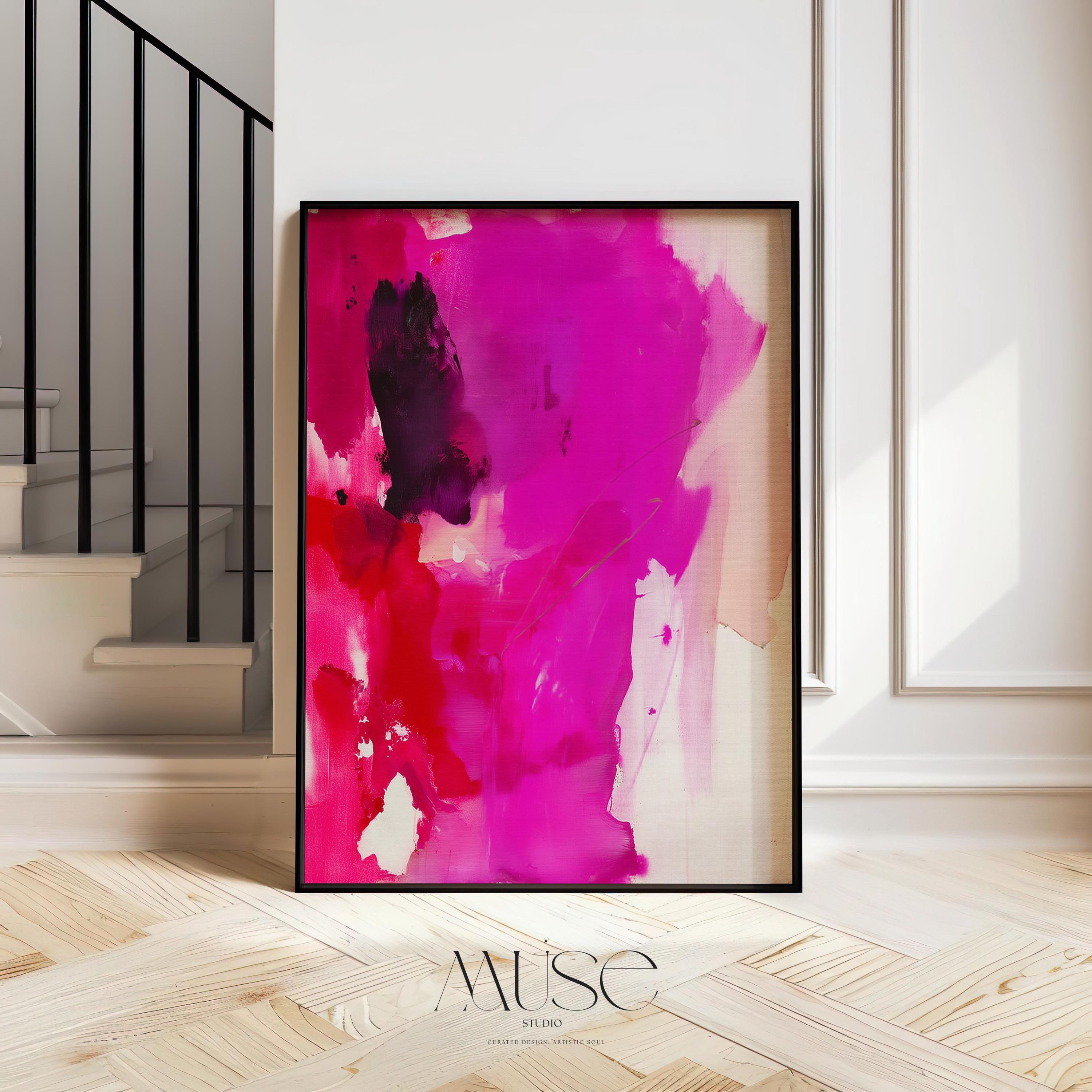 Vertical giclée art print featuring saturated magenta, fiery red, and rich plum hues with expressive, painterly movement and soft linen background. Designed for bold, editorial-style interiors, this color pop abstract offers a striking focal point for modern entryways, stairwells, or design-forward living rooms. Printed on archival fine art paper and available as a poster print, gallery-wrapped canvas, or floating frame from Muse Studio.
