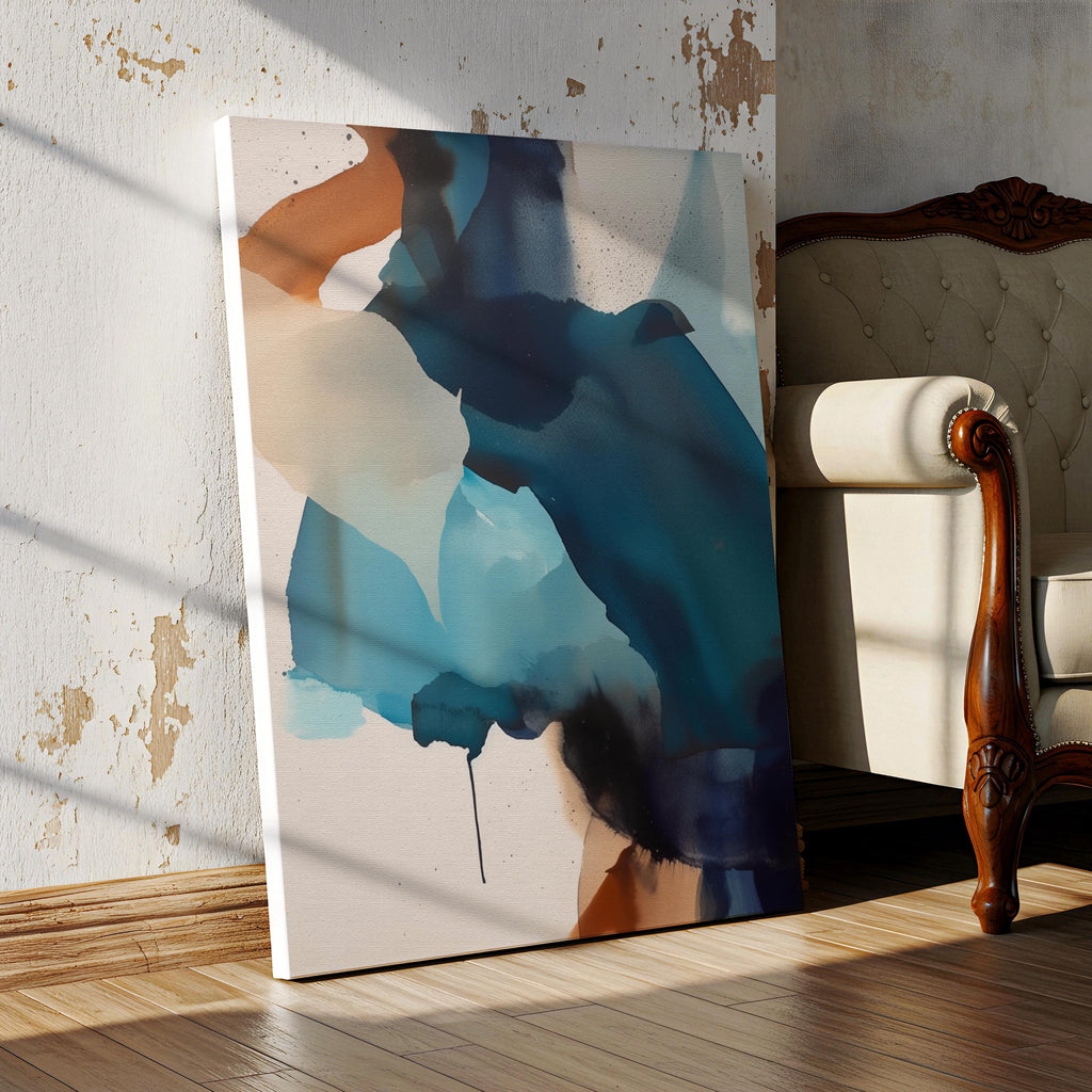 Vertical gallery-wrapped canvas featuring an abstract composition of teal, deep navy, soft aqua, and sand with fluid, ink-like motion across a neutral base. This nature-inspired wall art adds a tranquil, contemporary presence to coastal interiors, entryways, or stairwells. A soft modern statement piece, available as canvas or floating framed wall art from Muse Studio.