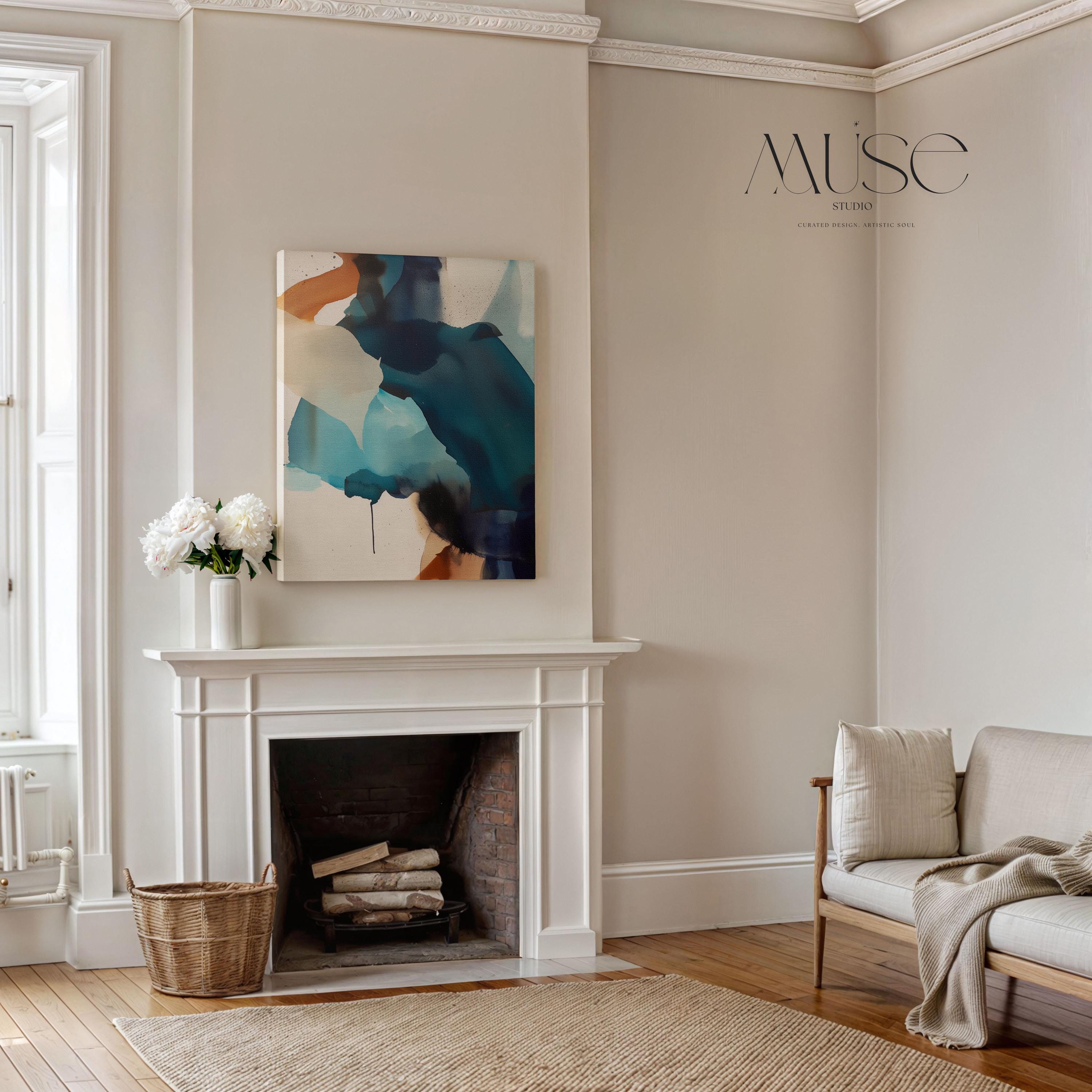 Vertical gallery-wrapped canvas featuring an abstract composition of teal, deep navy, soft aqua, and sand with fluid, ink-like motion across a neutral base. This nature-inspired wall art adds a tranquil, contemporary presence to coastal interiors, entryways, or stairwells. A soft modern statement piece, available as canvas or floating framed wall art from Muse Studio.