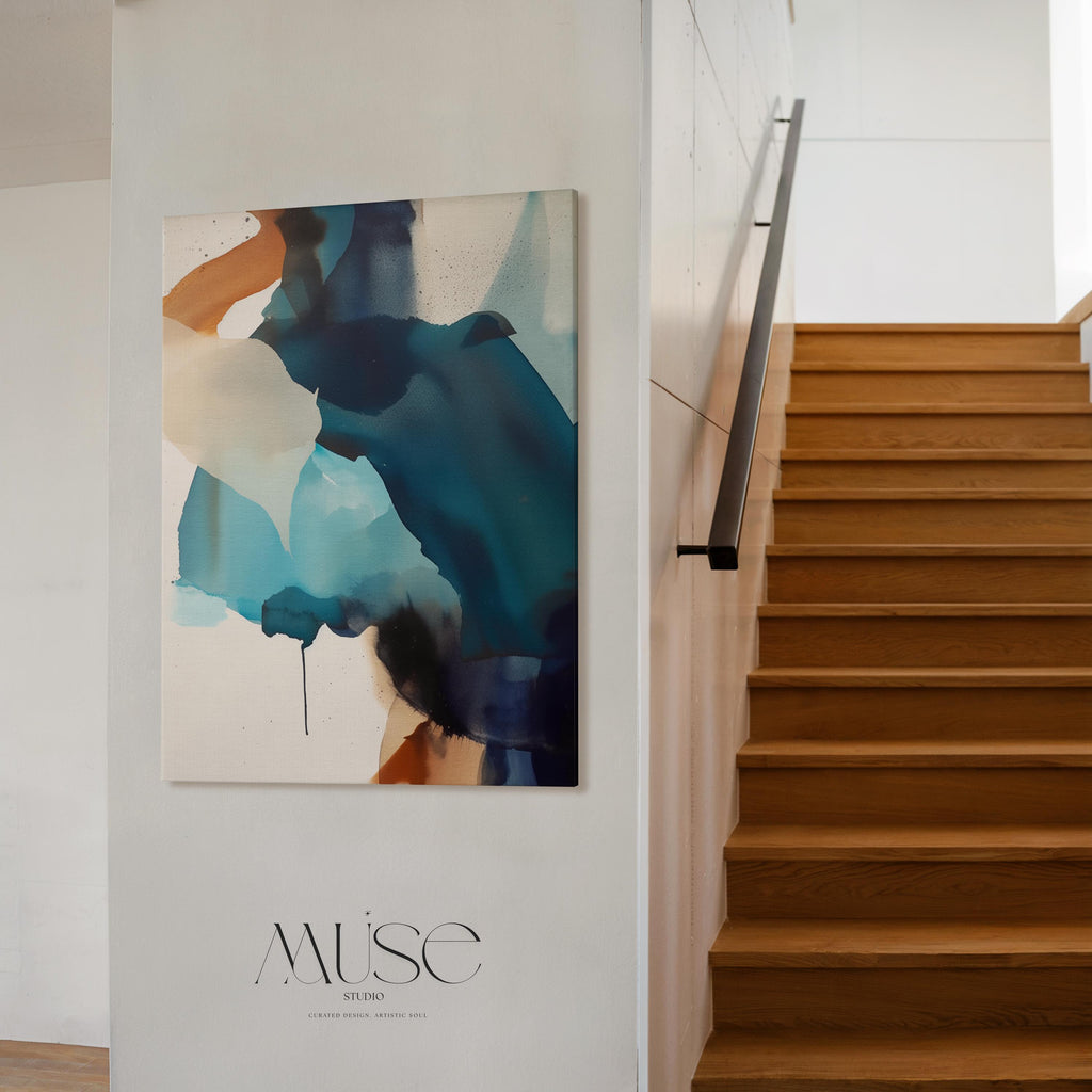 Vertical gallery-wrapped canvas featuring an abstract composition of teal, deep navy, soft aqua, and sand with fluid, ink-like motion across a neutral base. This nature-inspired wall art adds a tranquil, contemporary presence to coastal interiors, entryways, or stairwells. A soft modern statement piece, available as canvas or floating framed wall art from Muse Studio.