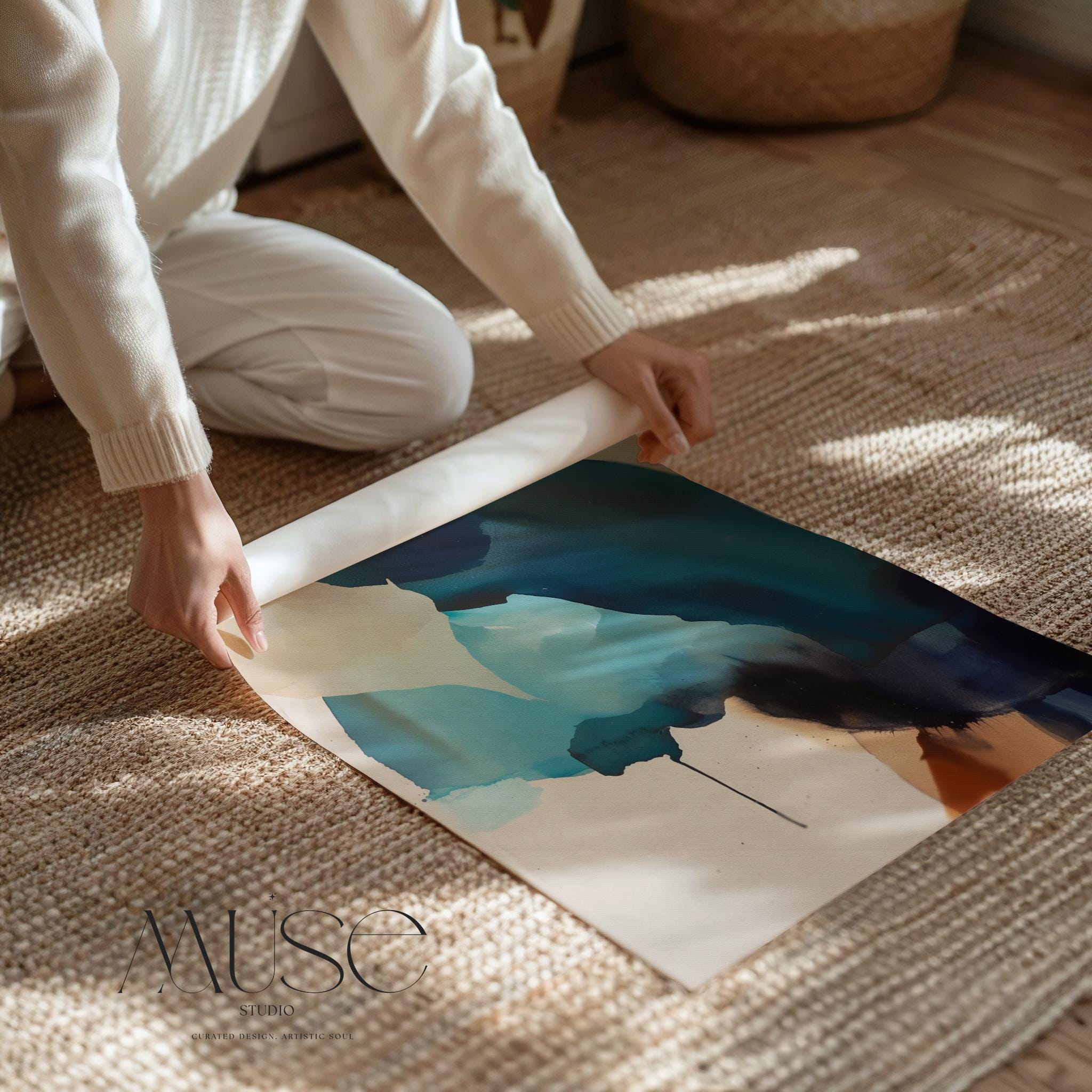 Vertical giclée art print featuring flowing abstract forms in deep navy, coastal teal, and soft aqua with sandy neutral undertones. Inspired by water and ink movement, this nature-inspired piece blends calm rhythm with bold color for modern coastal interiors. Ideal for designers curating soft contemporary spaces or coastal-inspired rooms. Printed on archival fine art paper and available as a poster print or canvas from Muse Studio.