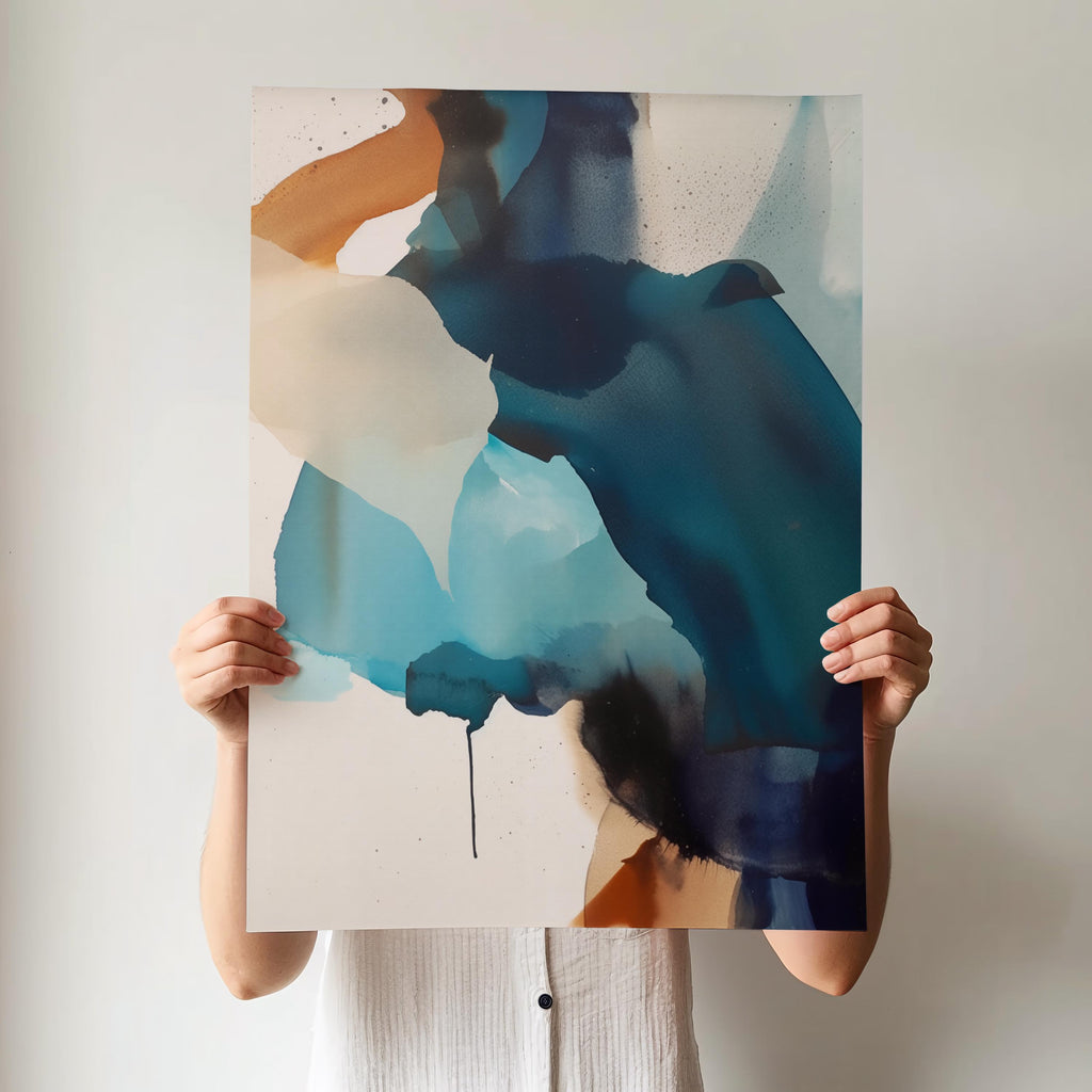 Vertical giclée art print featuring flowing abstract forms in deep navy, coastal teal, and soft aqua with sandy neutral undertones. Inspired by water and ink movement, this nature-inspired piece blends calm rhythm with bold color for modern coastal interiors. Ideal for designers curating soft contemporary spaces or coastal-inspired rooms. Printed on archival fine art paper and available as a poster print or canvas from Muse Studio.