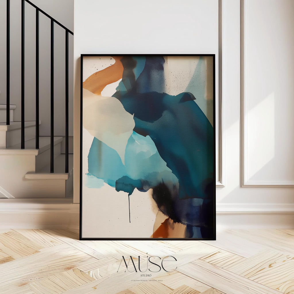 Vertical giclée art print featuring flowing abstract forms in deep navy, coastal teal, and soft aqua with sandy neutral undertones. Inspired by water and ink movement, this nature-inspired piece blends calm rhythm with bold color for modern coastal interiors. Ideal for designers curating soft contemporary spaces or coastal-inspired rooms. Printed on archival fine art paper and available as a poster print or canvas from Muse Studio.