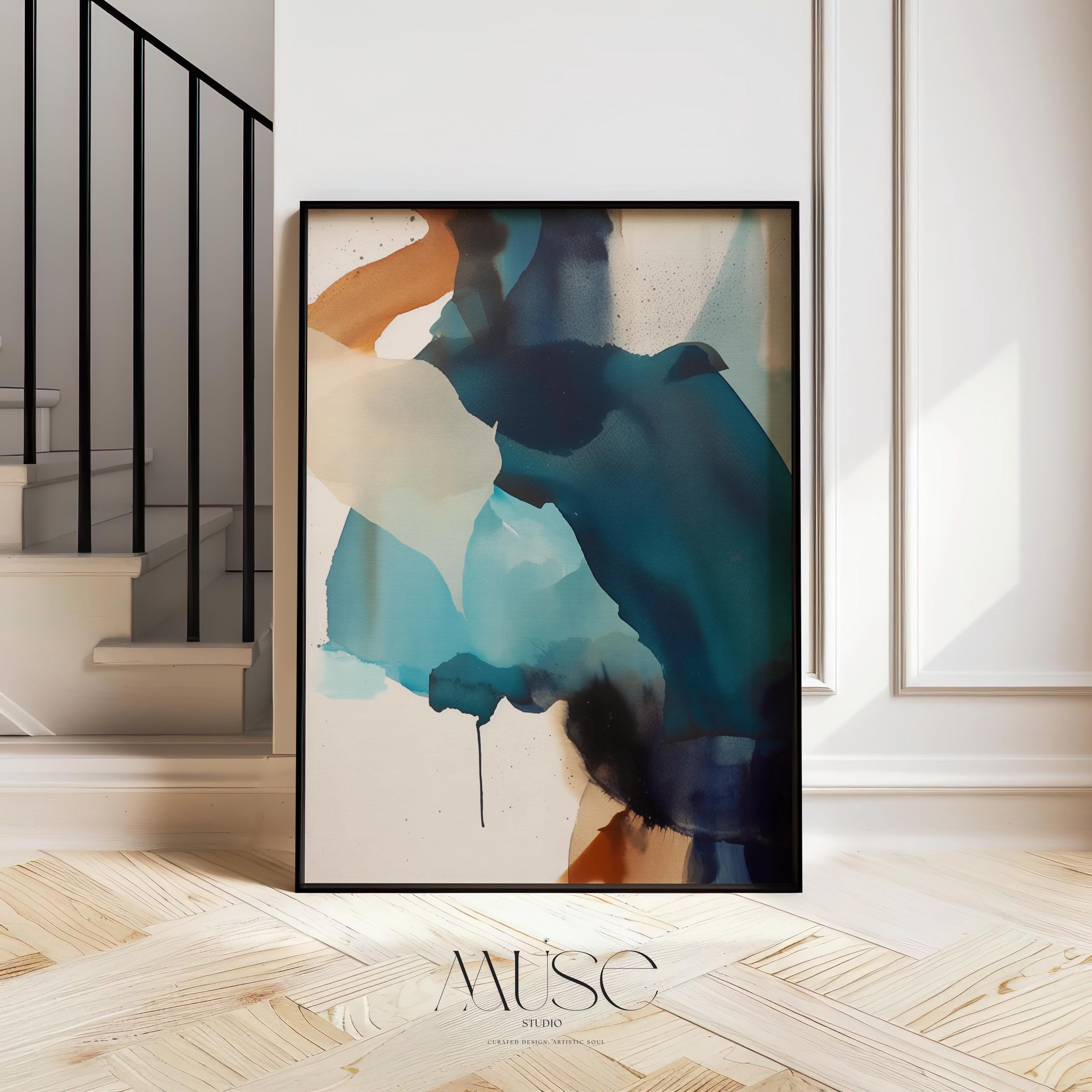 Vertical giclée art print featuring flowing abstract forms in deep navy, coastal teal, and soft aqua with sandy neutral undertones. Inspired by water and ink movement, this nature-inspired piece blends calm rhythm with bold color for modern coastal interiors. Ideal for designers curating soft contemporary spaces or coastal-inspired rooms. Printed on archival fine art paper and available as a poster print or canvas from Muse Studio.