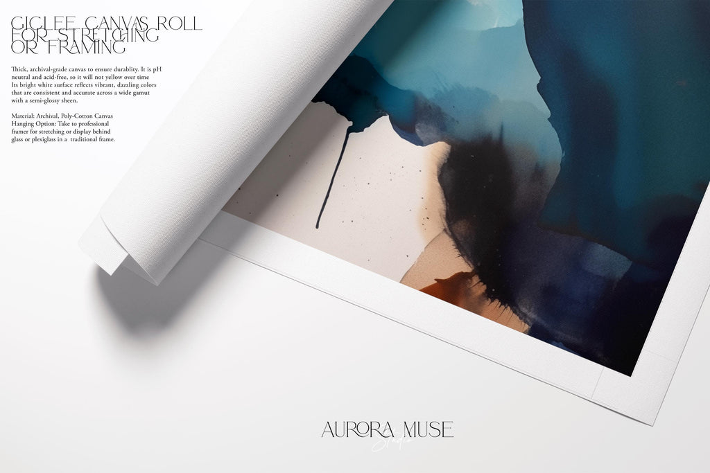 Vertical giclée art print featuring flowing abstract forms in deep navy, coastal teal, and soft aqua with sandy neutral undertones. Inspired by water and ink movement, this nature-inspired piece blends calm rhythm with bold color for modern coastal interiors. Ideal for designers curating soft contemporary spaces or coastal-inspired rooms. Printed on archival fine art paper and available as a poster print or canvas from Muse Studio.