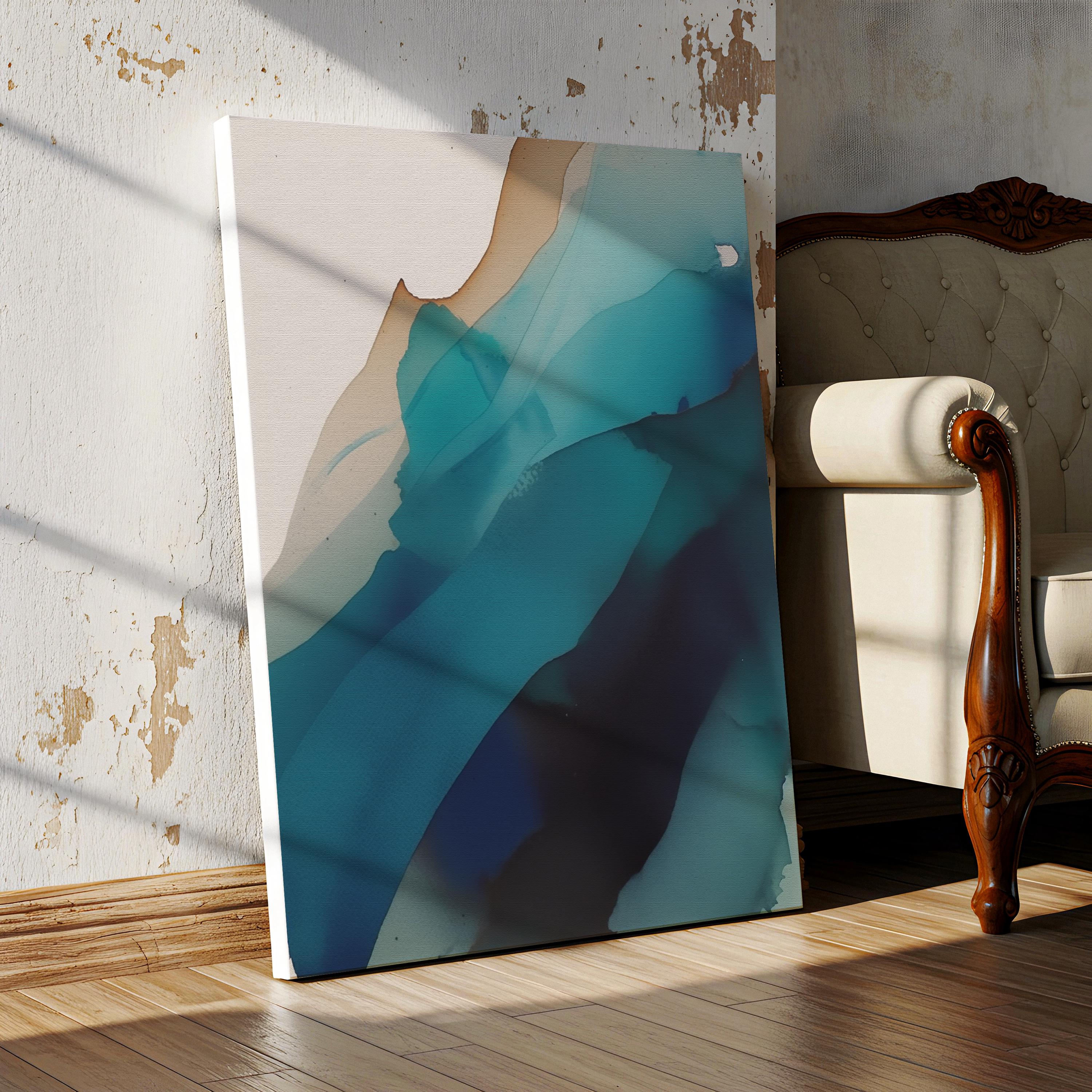 Vertical canvas wall art featuring deep teal, navy, aqua, and soft sand tones in a fluid, ink-wash abstract style. This nature-inspired design blends organic motion with a tranquil, modern aesthetic—perfect for soft contemporary interiors, stairwells, or coastal-inspired living rooms. Available as a gallery-wrapped or floating frame canvas from Muse Studio for designer-level wall styling.