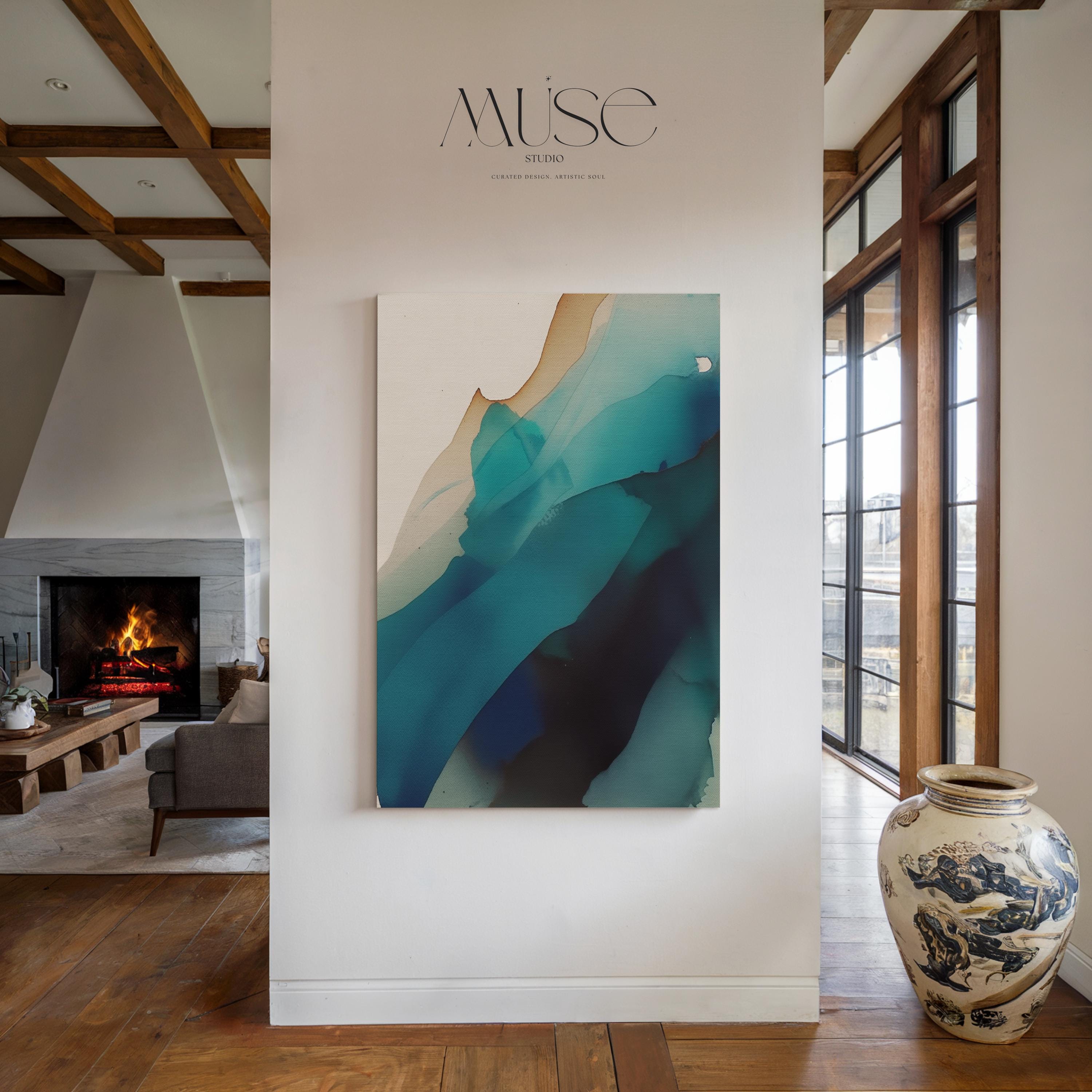 Vertical canvas wall art featuring deep teal, navy, aqua, and soft sand tones in a fluid, ink-wash abstract style. This nature-inspired design blends organic motion with a tranquil, modern aesthetic—perfect for soft contemporary interiors, stairwells, or coastal-inspired living rooms. Available as a gallery-wrapped or floating frame canvas from Muse Studio for designer-level wall styling.