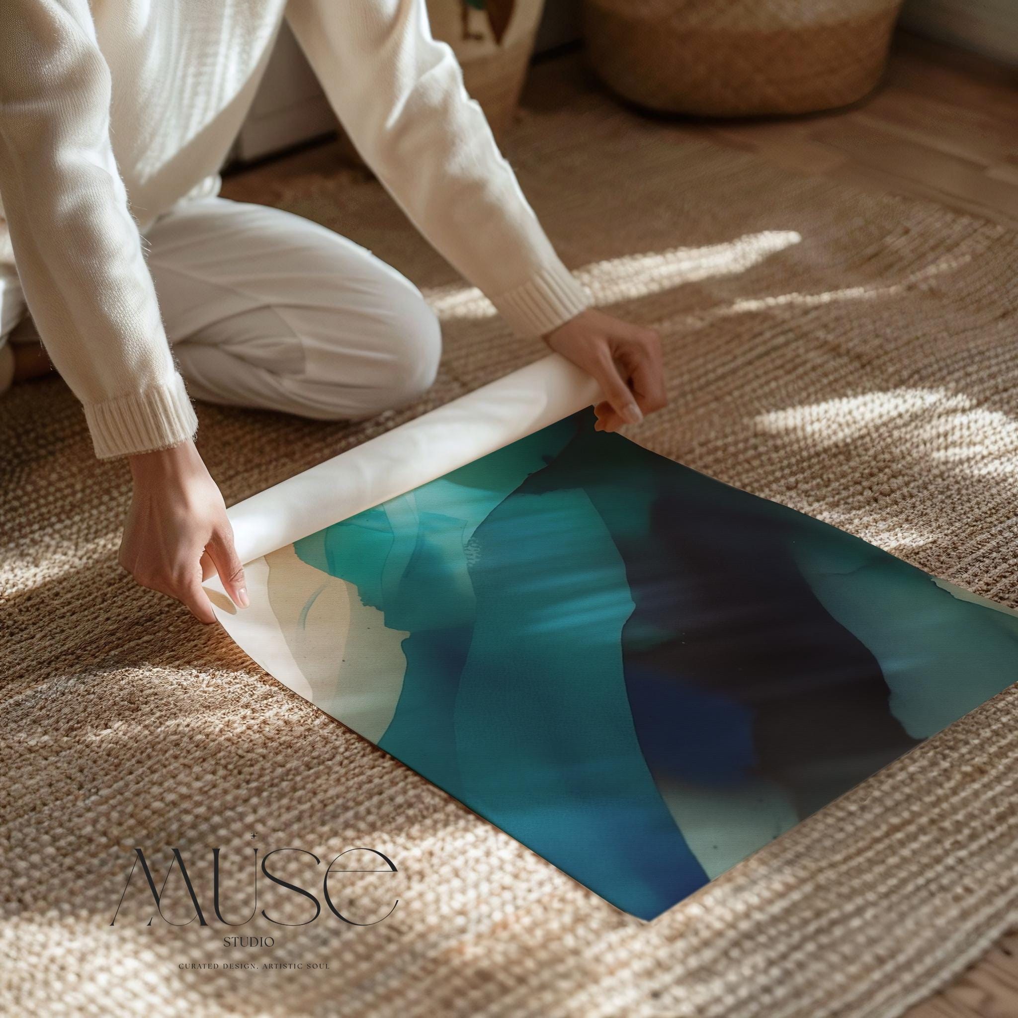 Vertical giclée art print featuring fluid abstract layers of teal, ocean blue, and warm sand hues, blending with the softness of ink on neutral-toned paper. Ideal for modern coastal interiors, spa-inspired rooms, or soft contemporary homes, this fine art poster offers a serene and designer-curated look. Printed on museum-quality archival paper, available unframed or with canvas upgrade options from Muse Studio.