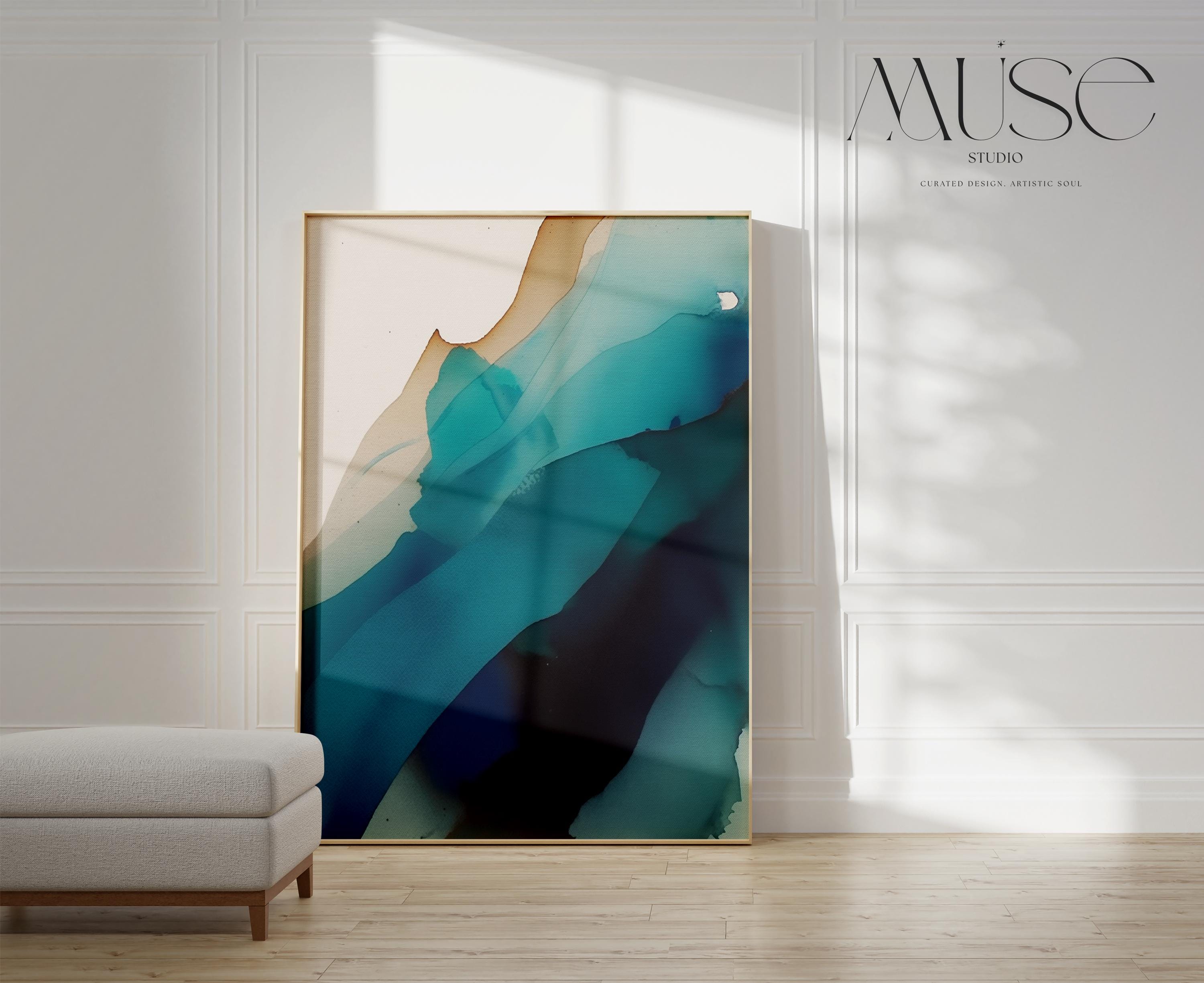 Vertical giclée art print featuring fluid abstract layers of teal, ocean blue, and warm sand hues, blending with the softness of ink on neutral-toned paper. Ideal for modern coastal interiors, spa-inspired rooms, or soft contemporary homes, this fine art poster offers a serene and designer-curated look. Printed on museum-quality archival paper, available unframed or with canvas upgrade options from Muse Studio.