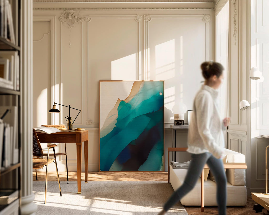 Vertical giclée art print featuring fluid abstract layers of teal, ocean blue, and warm sand hues, blending with the softness of ink on neutral-toned paper. Ideal for modern coastal interiors, spa-inspired rooms, or soft contemporary homes, this fine art poster offers a serene and designer-curated look. Printed on museum-quality archival paper, available unframed or with canvas upgrade options from Muse Studio.